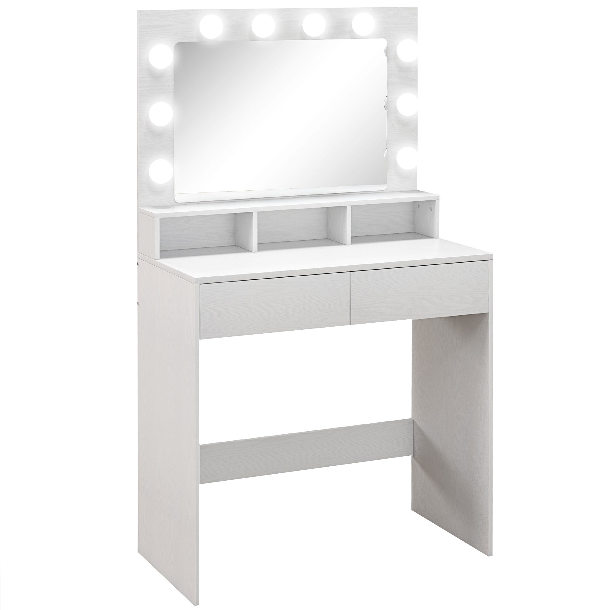 Un tavolino da trucco bianco con specchio e luci, due cassetti e mensole aperte.