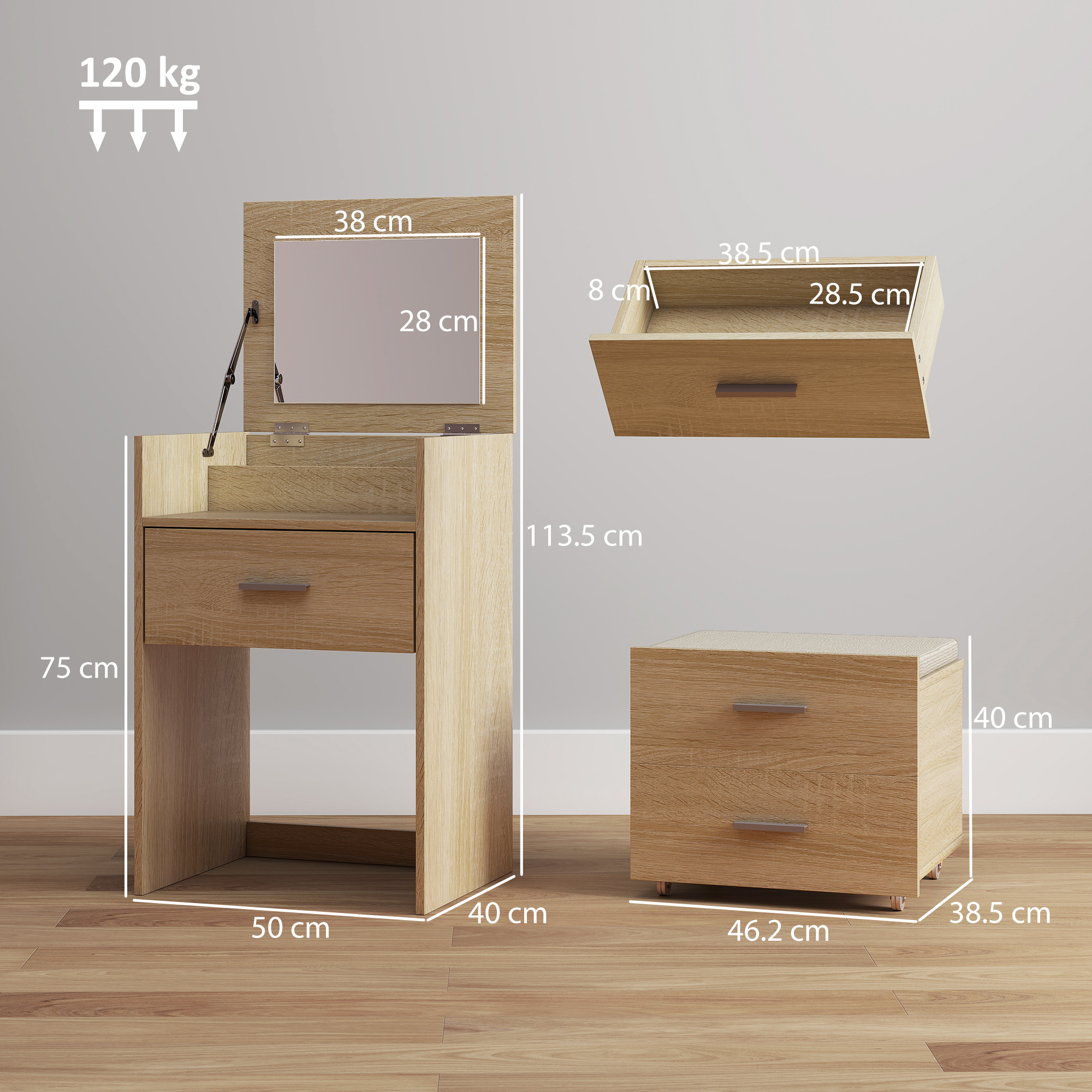 Un mobiletto da trucco con specchio e cassetto. Carico max 120 kg.