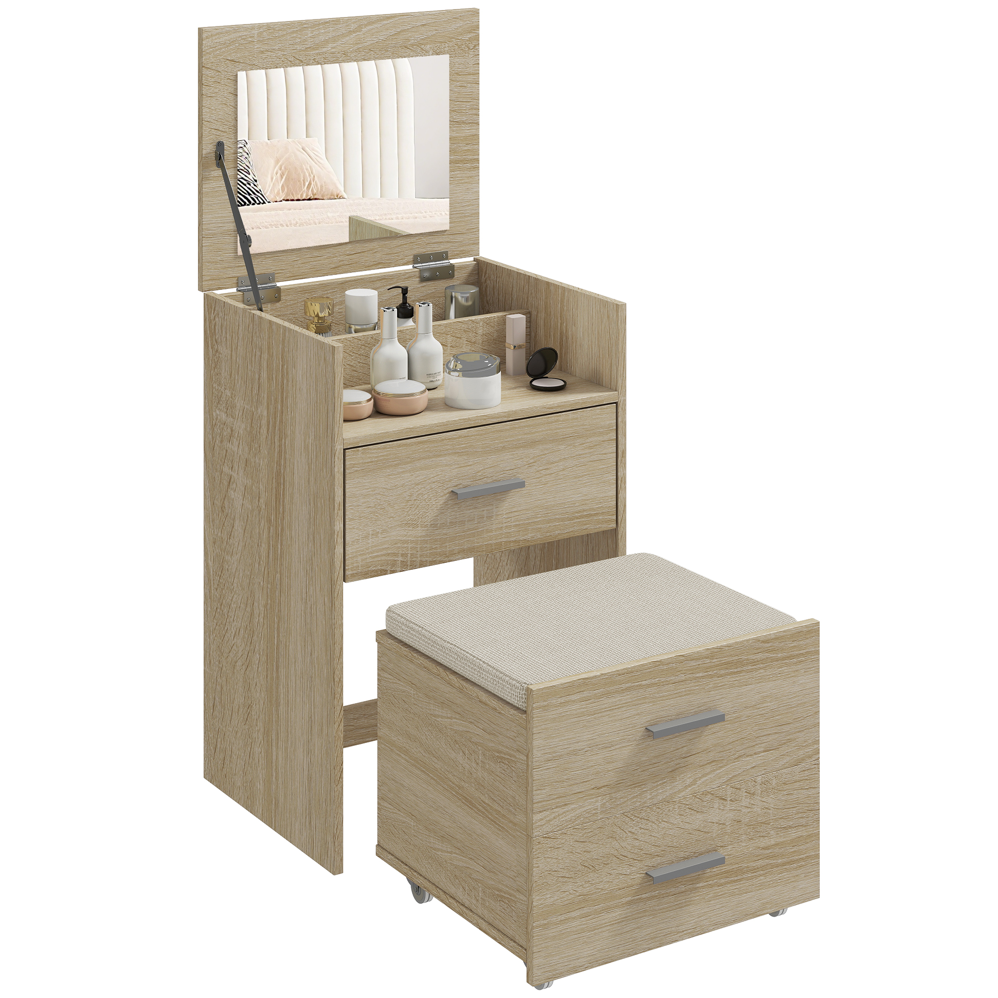 Una toeletta in legno chiaro con specchio e sgabello, decorata con cosmetici.