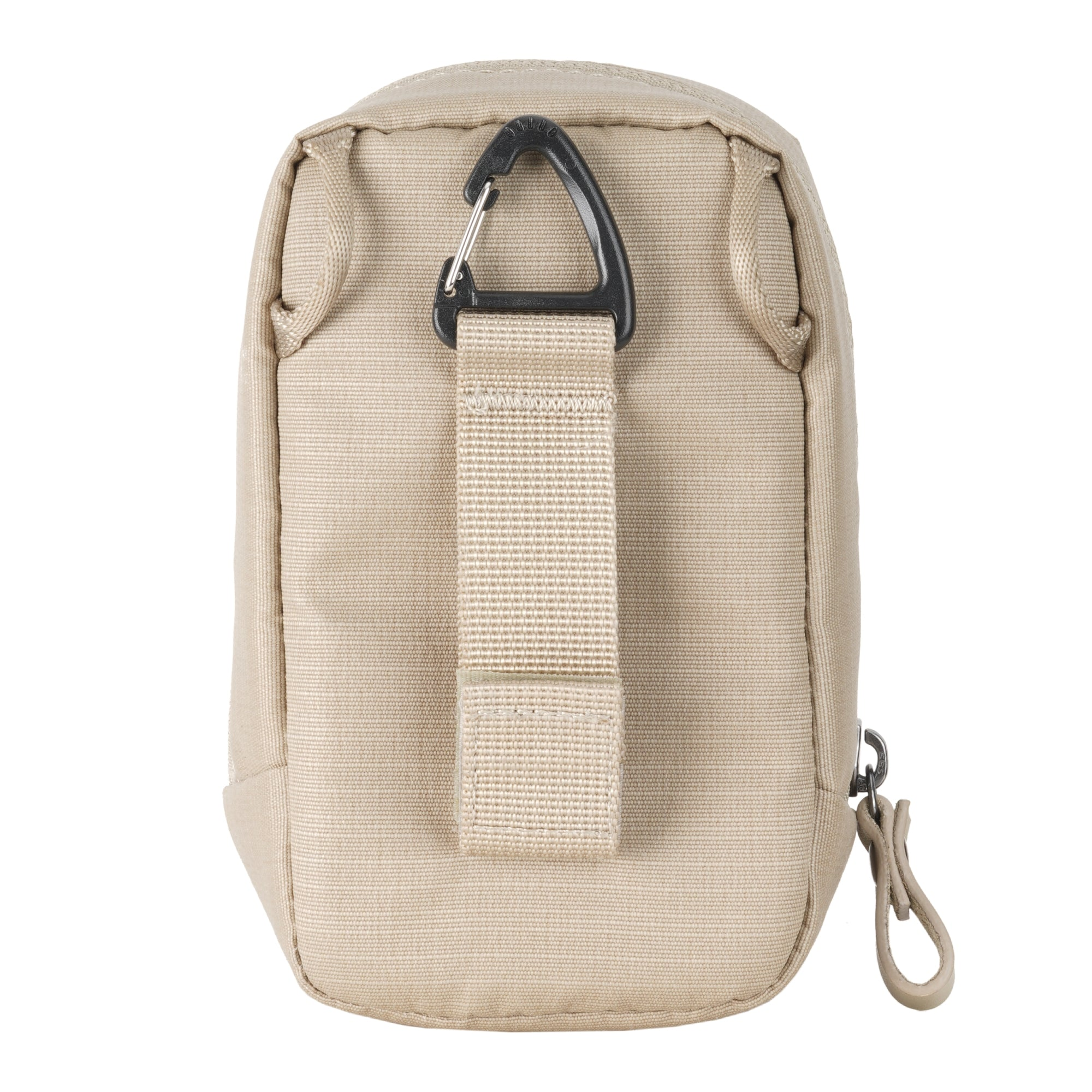 Una bolsa de tela beige con mosquetón negro y correa de tela.