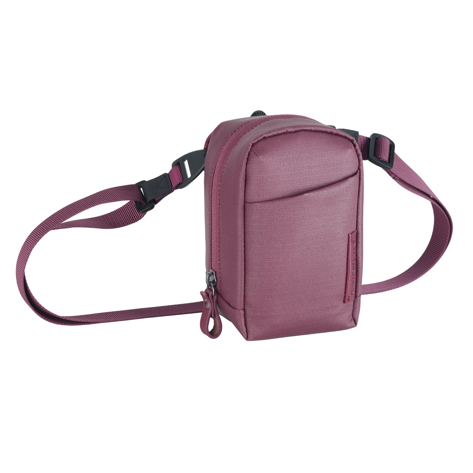 Una bolsa color granate con cremallera y correa ajustable.