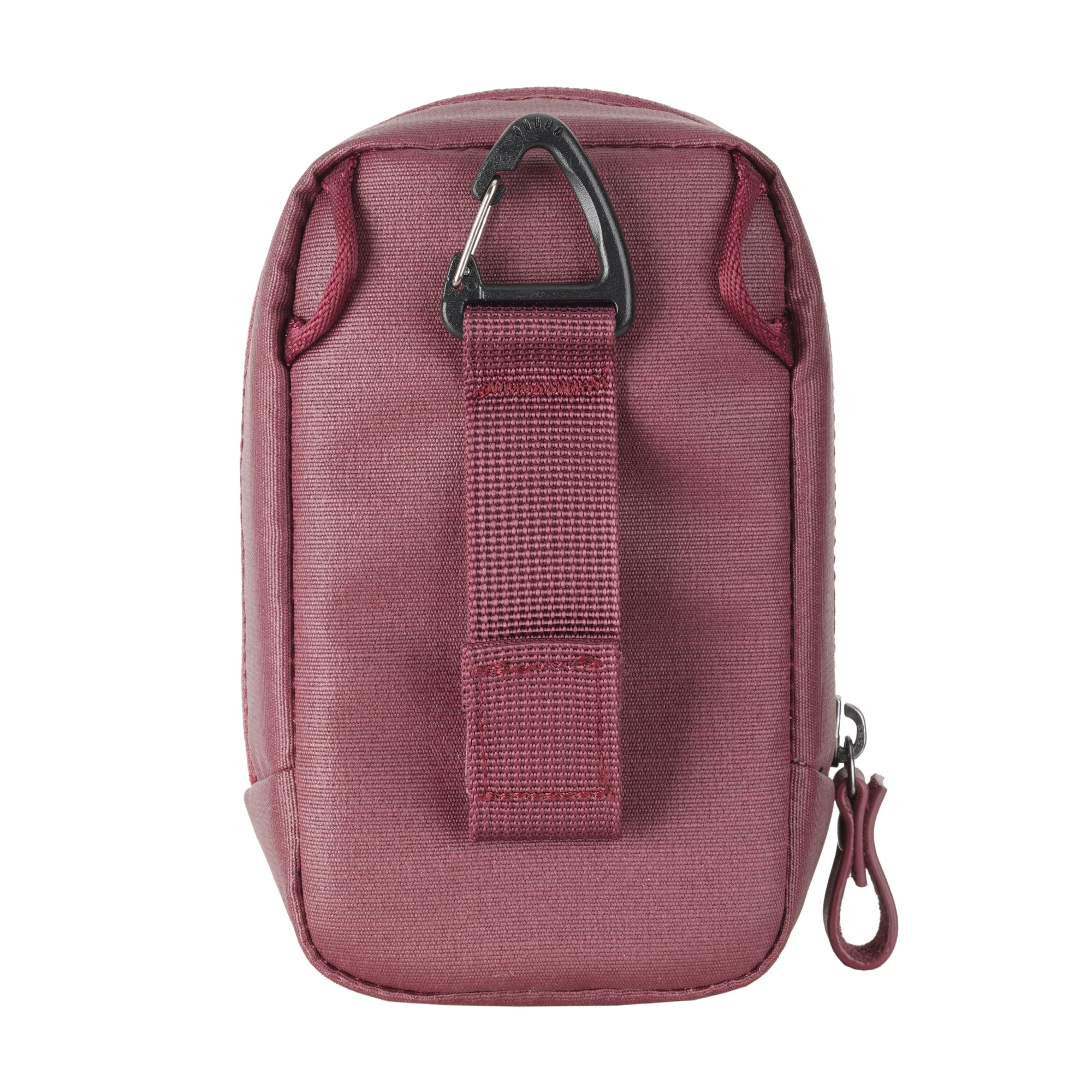 Una bolsa granate con un mosquetón negro y una cremallera de bucle.