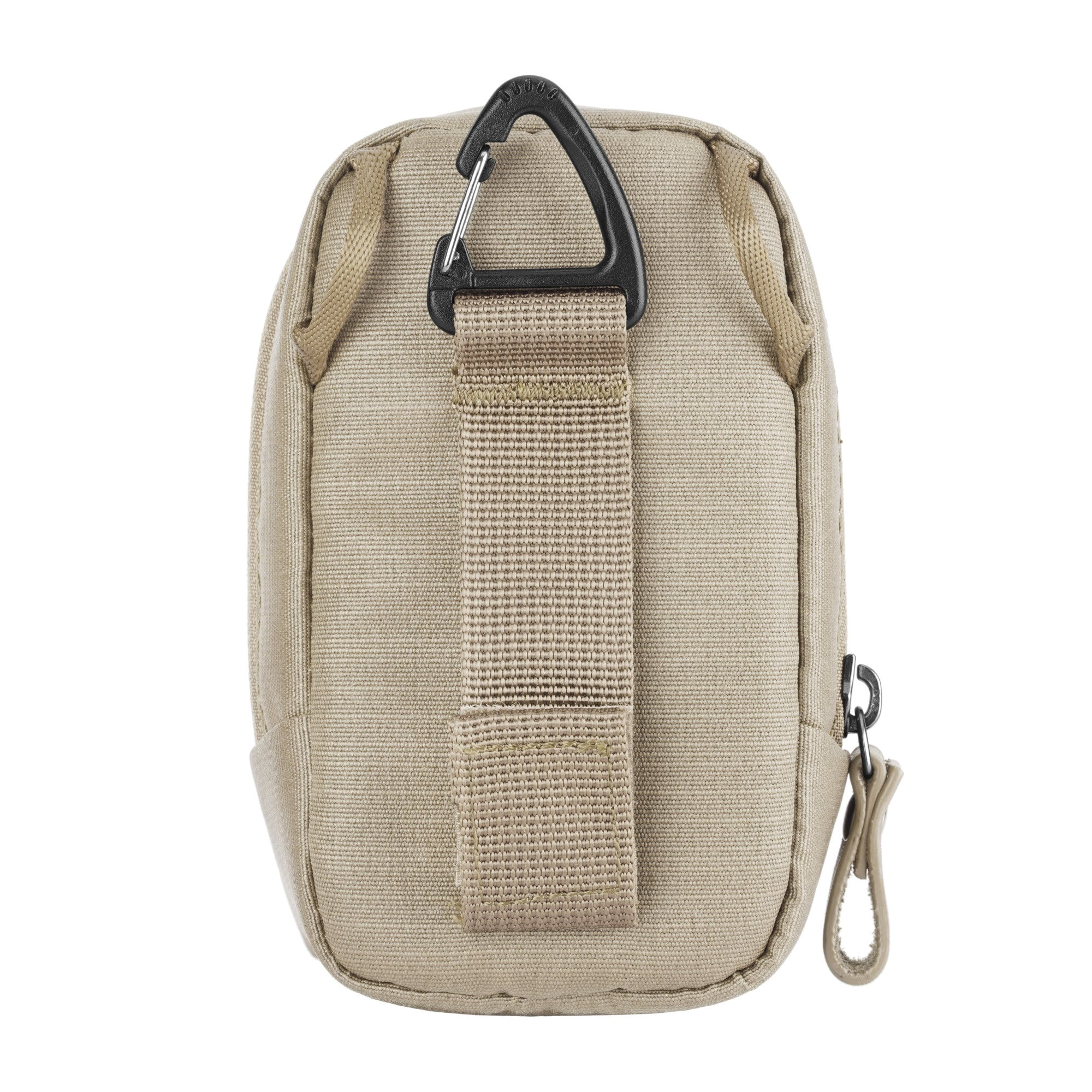 Una bolsa de tela color canela con un mosquetón negro y una presilla.