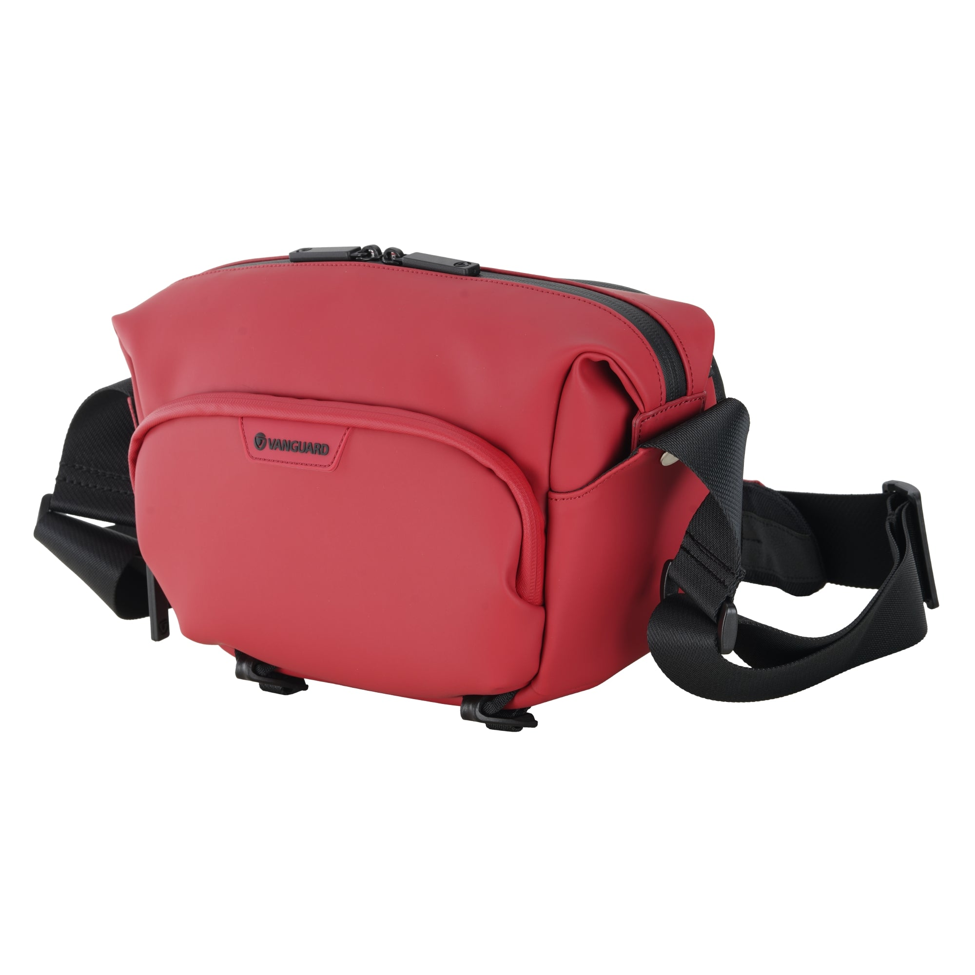 Bolso rojo con correa y cremallera negras, con logo de Vanguard.