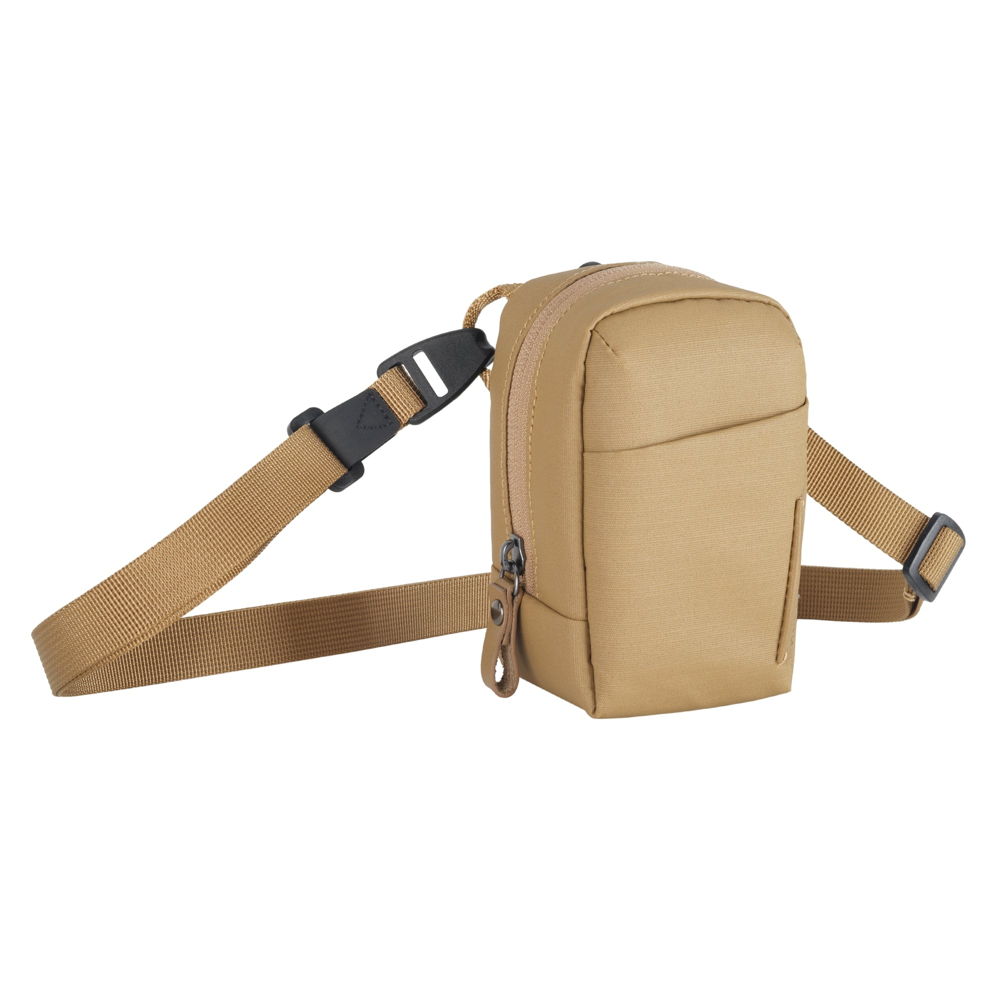 Una pequeña bolsa color caqui con cremallera y correa ajustable.