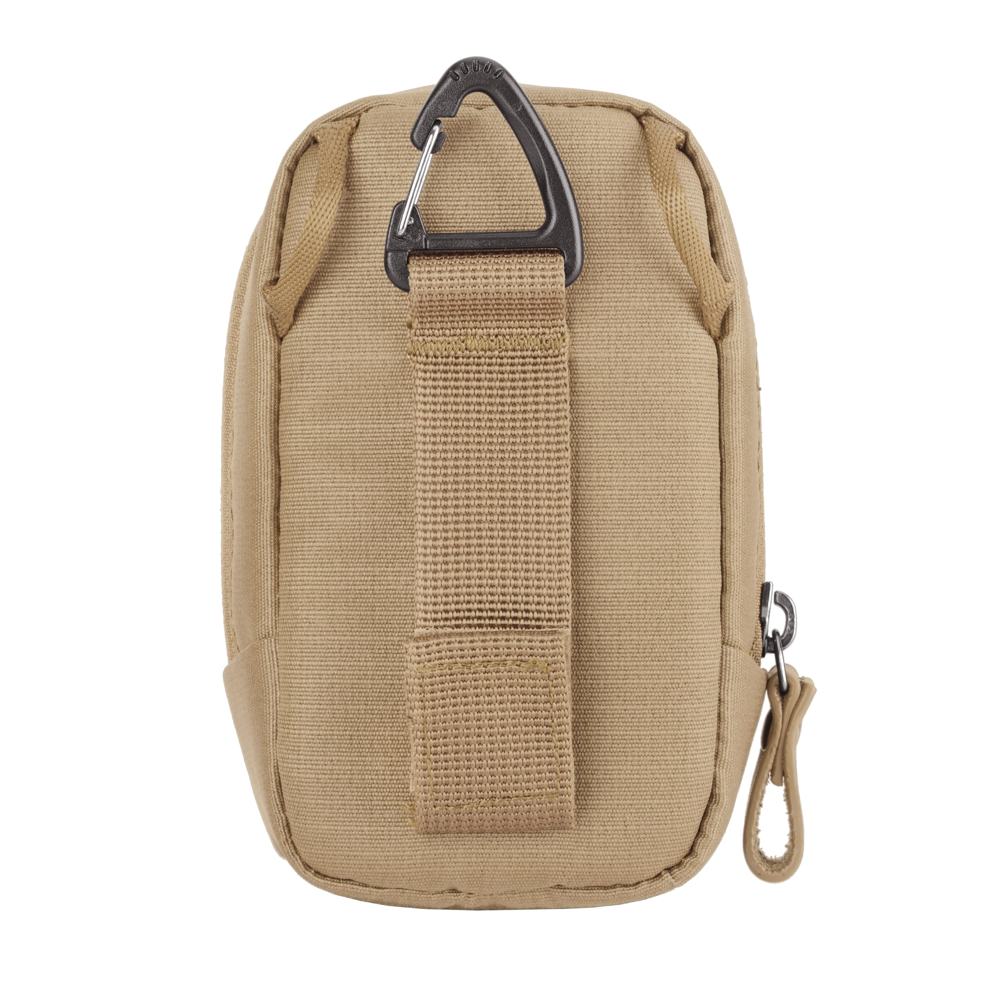 Una bolsa caqui con un mosquetón negro y un tirador de cremallera.