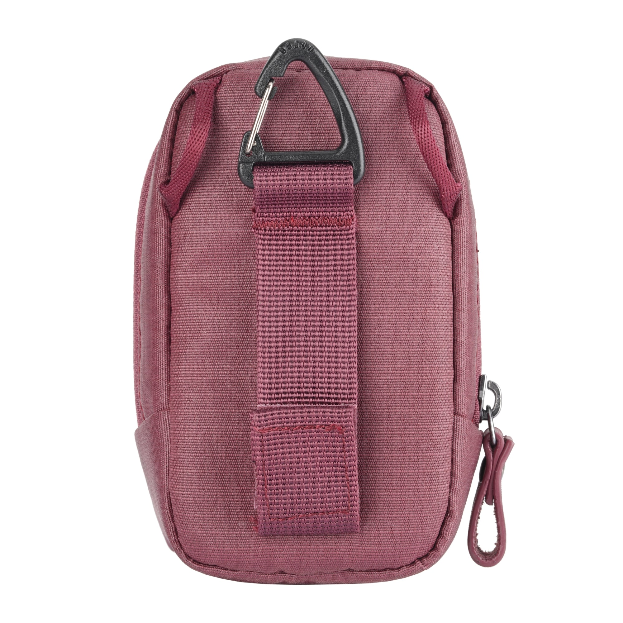 Pequeña bolsa burdeos con mosquetón negro y tirador de cremallera.