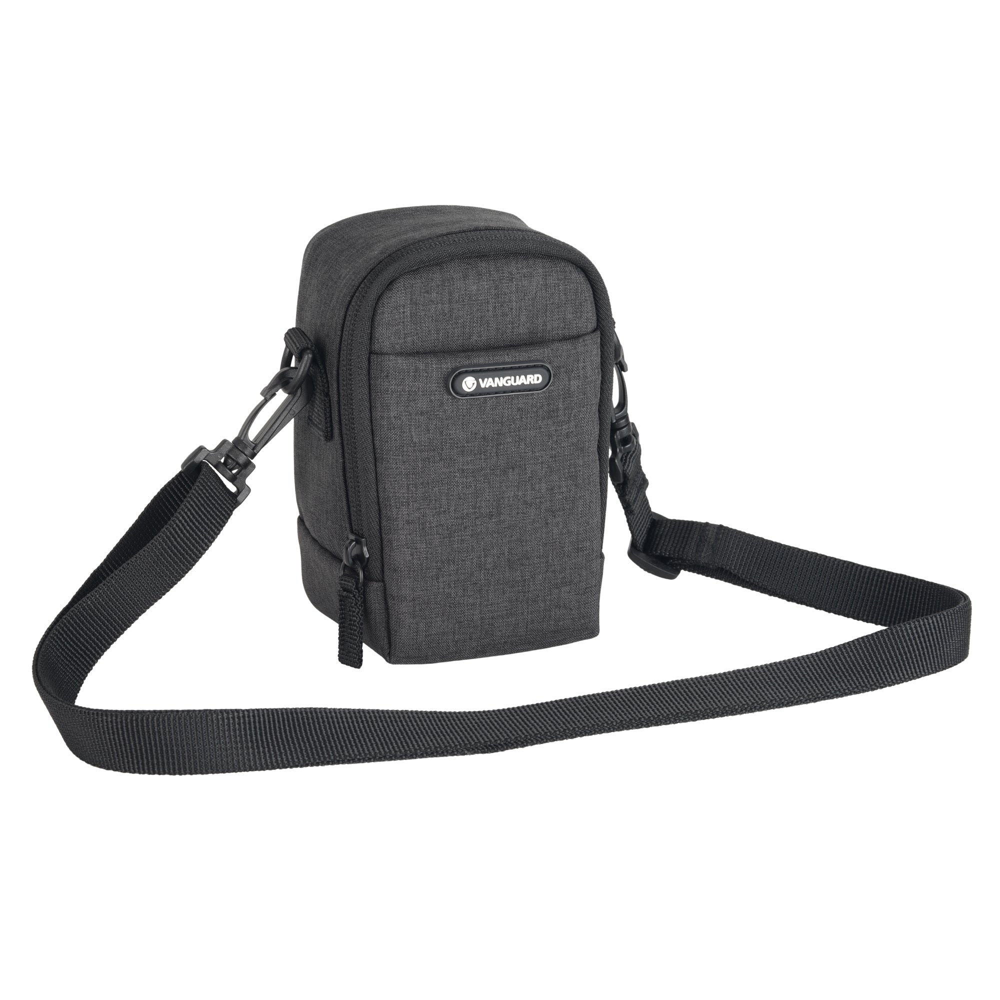 Una bolsa de cámara rectangular oscura con una correa negra cruzada.