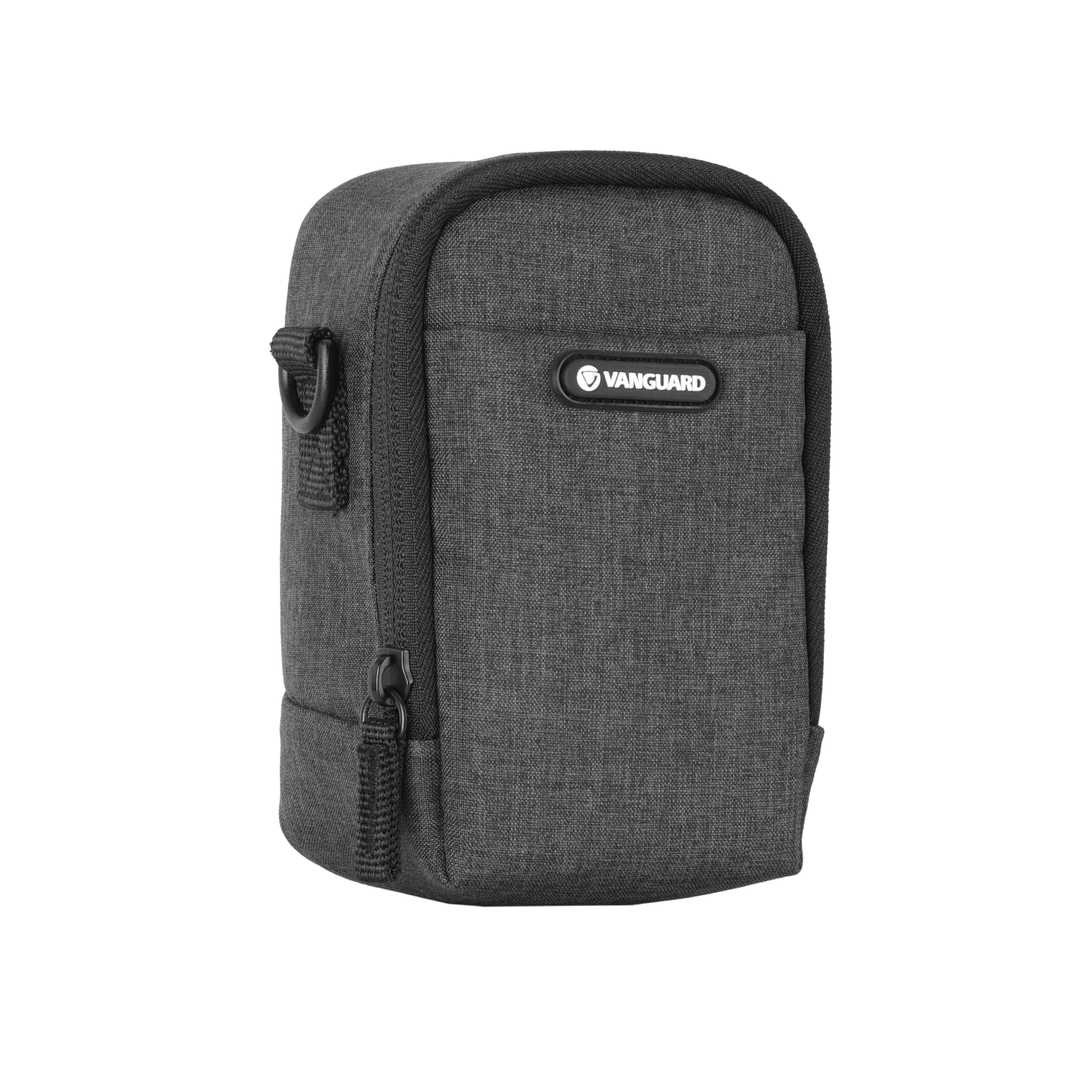 Una bolsa de cámara gris con el logo de Vanguard y cierre de cremallera.