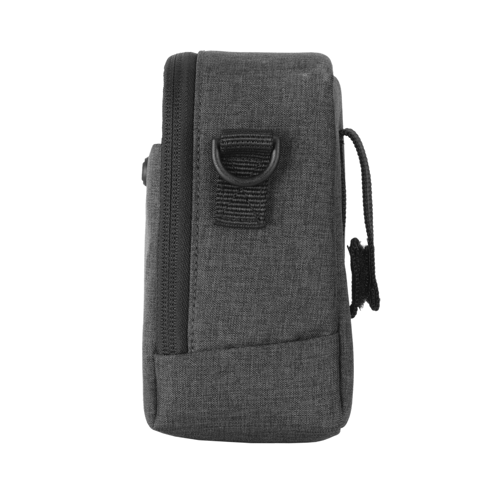 Bolsa de tela gris con cremallera, anilla en D y presilla.