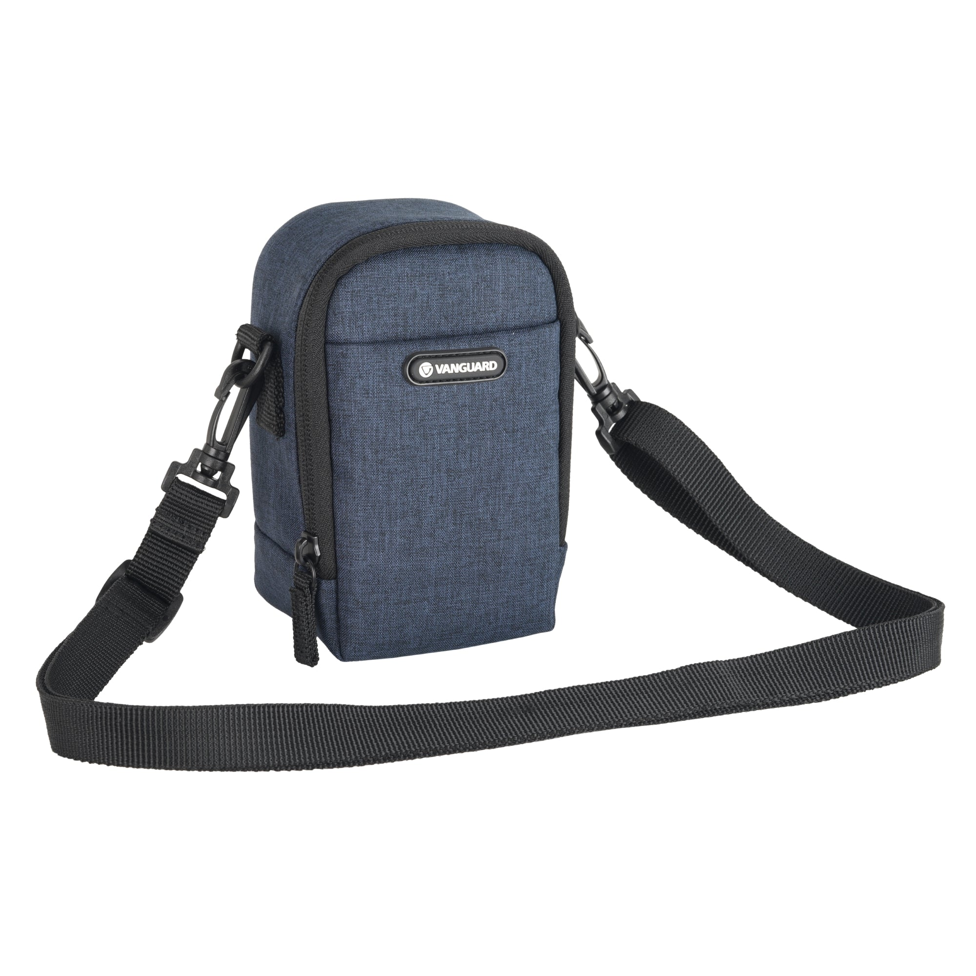 Bolso Vanguard azul marino con correa negra y logo blanco al frente.