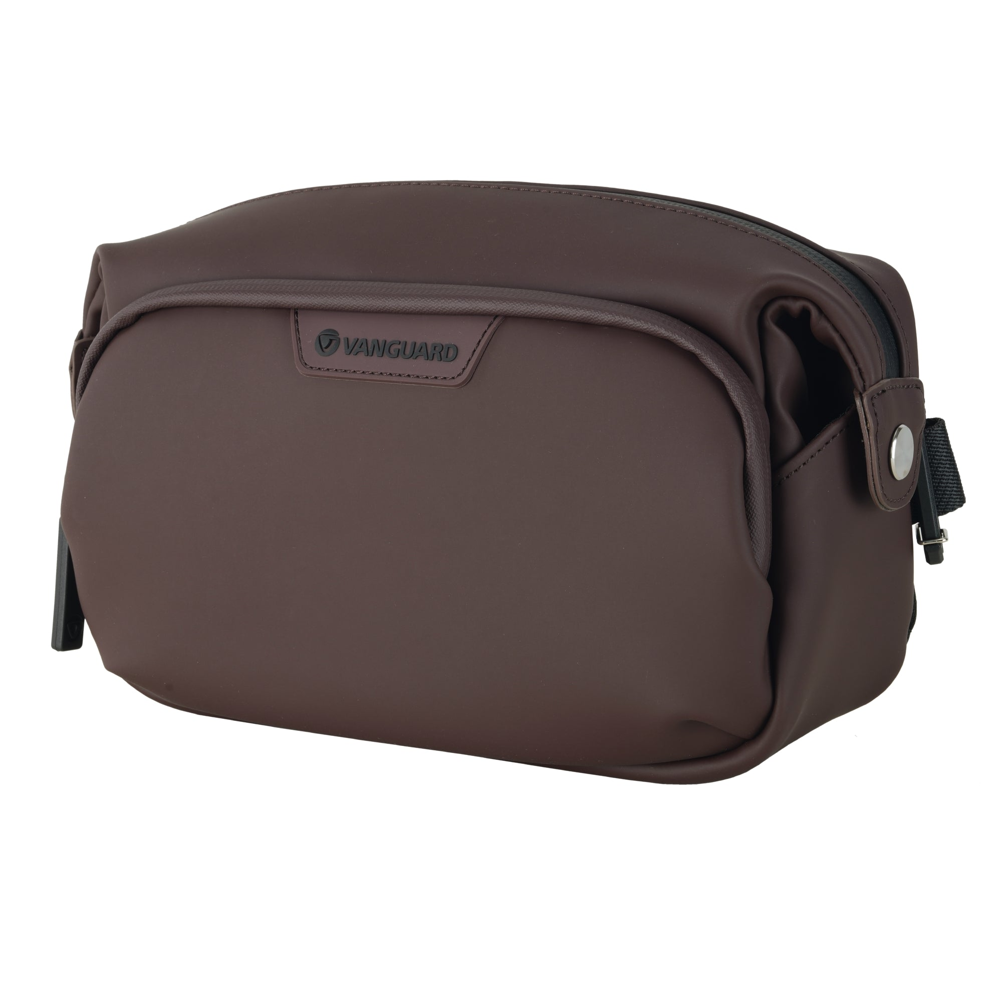 Una bolsa marrón con cremallera y el logo de Vanguard.