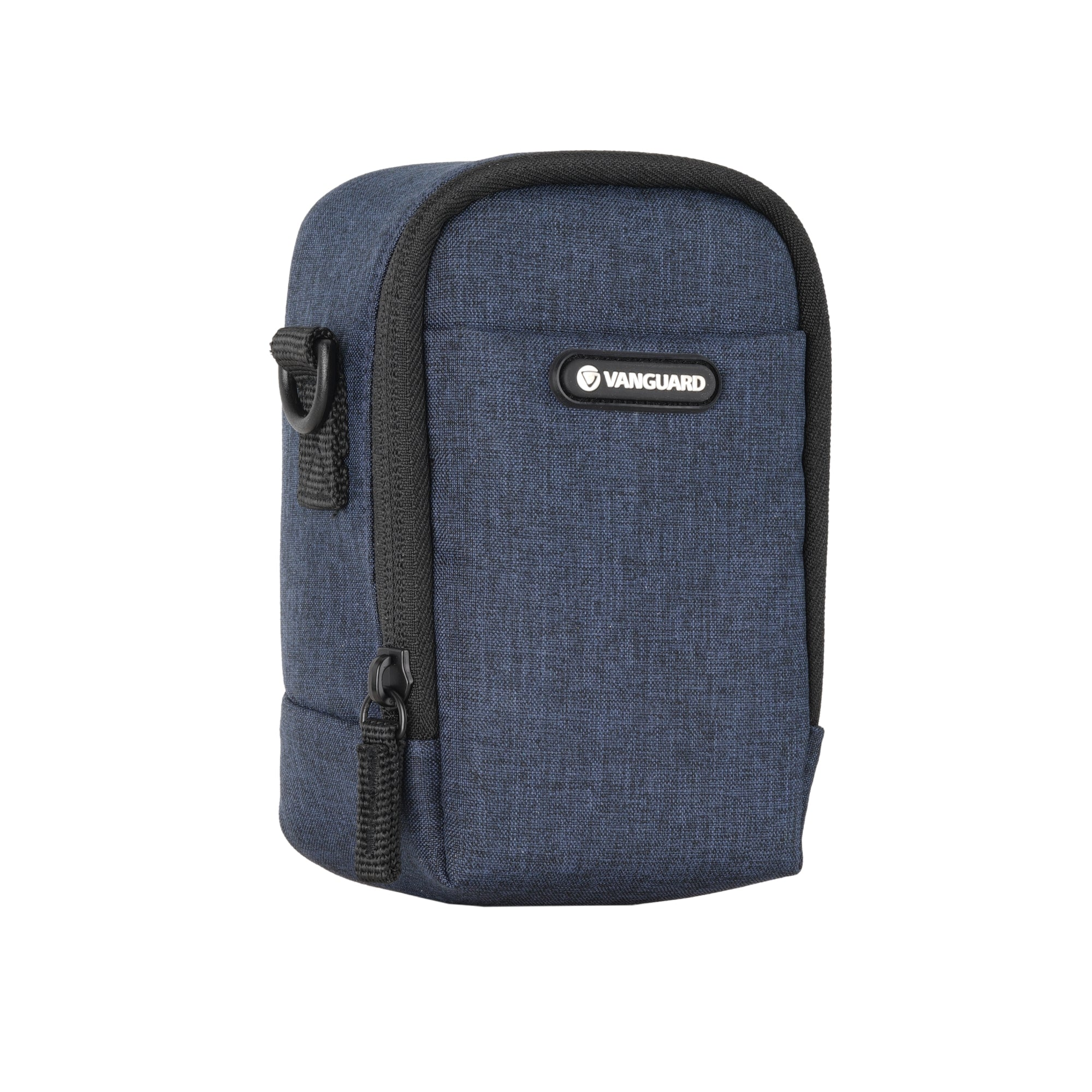 Una bolsa de cámara azul con cremallera negra y logo VANGUARD.