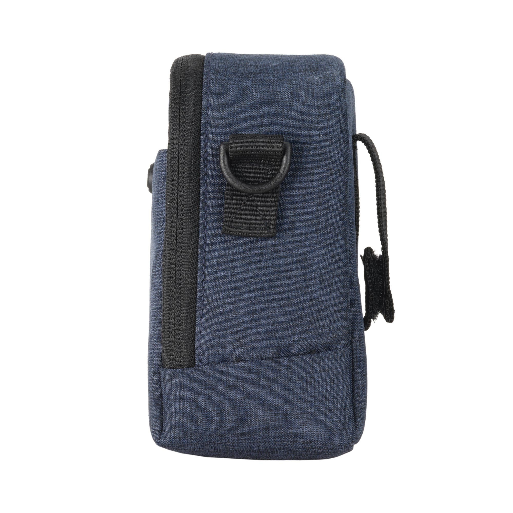 Bolso de tela azul oscuro con cremallera negra y anilla en D.