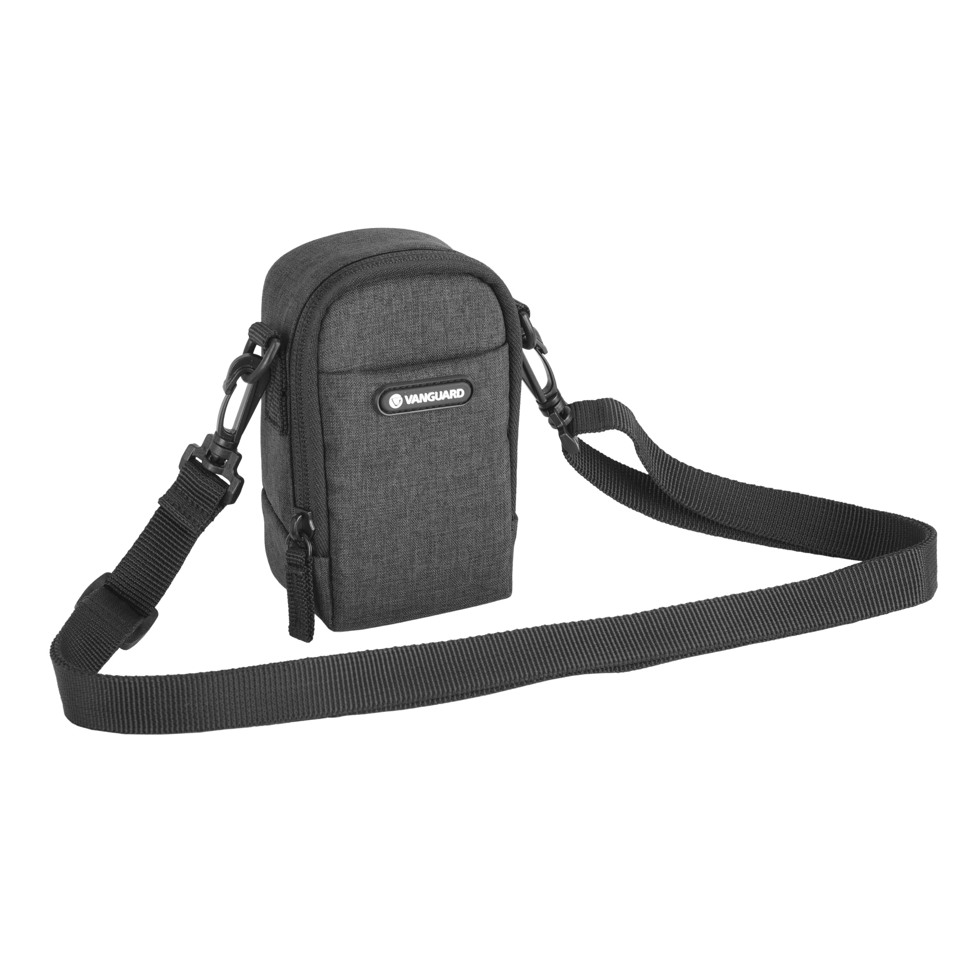 Bolso de cámara Vanguard gris oscuro con correa ajustable negra y clip.