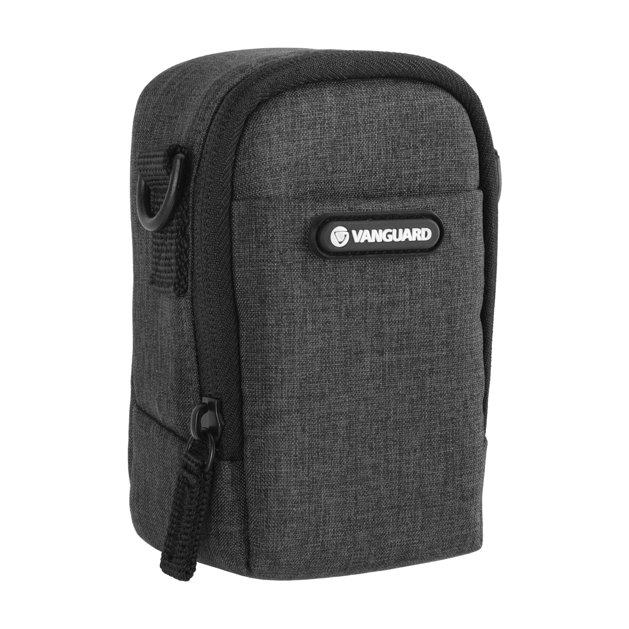 Bolso de cámara gris oscuro con cremallera y logo Vanguard.