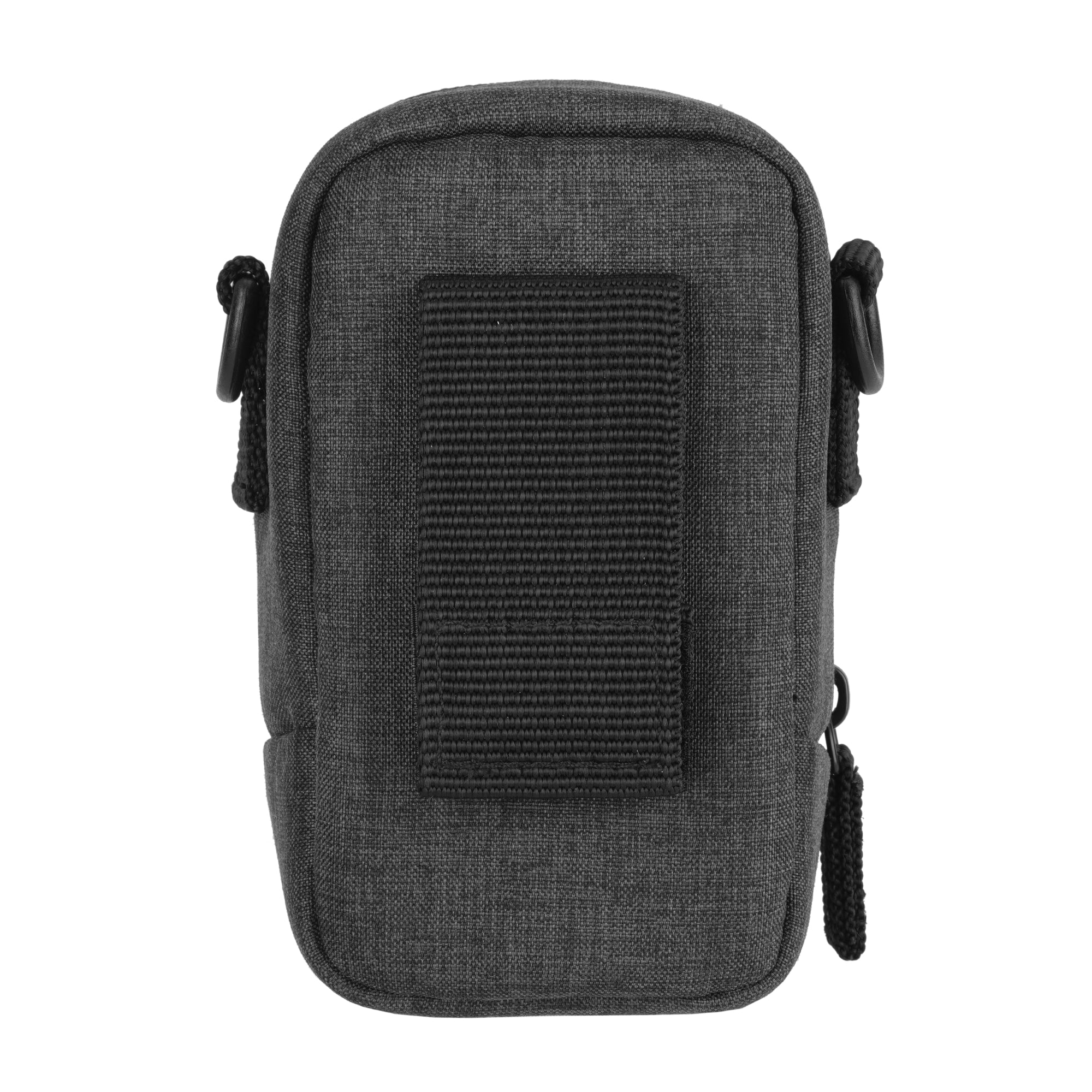 Una bolsa de tela gris oscuro con lazo negro y cremallera sobre fondo blanco.