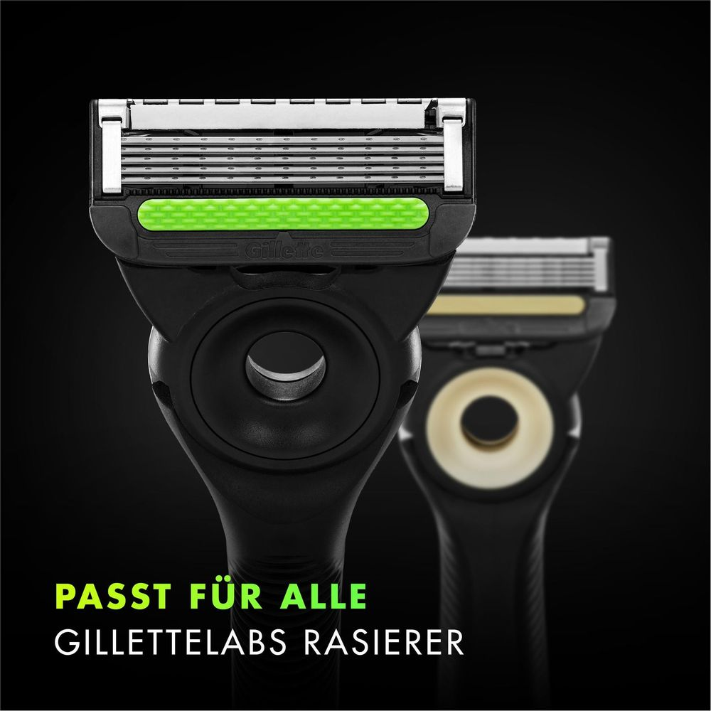 Due rasoi Gillette neri con accenti verdi e gialli su sfondo scuro.
