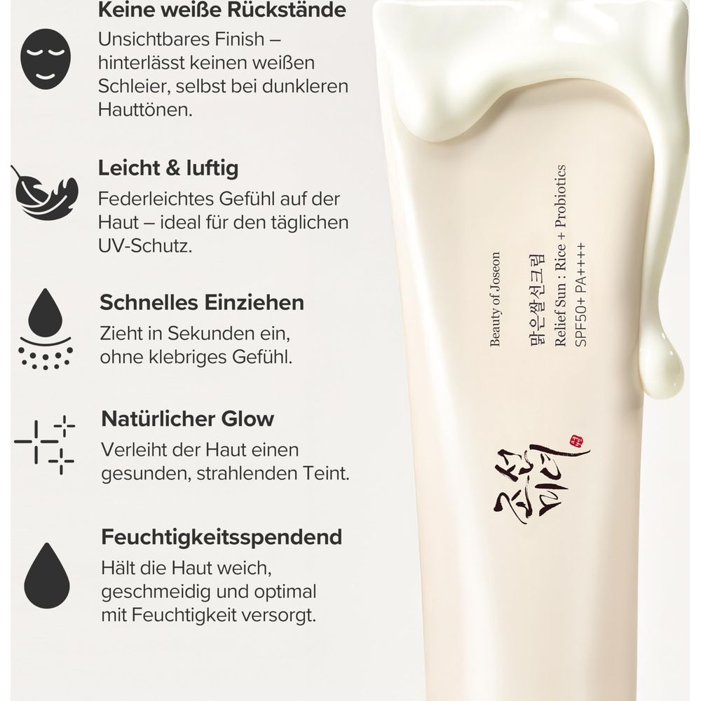 Ein Sonnenschutzmittel mit Text und Icons, das keine weißen Rückstände hinterlässt.