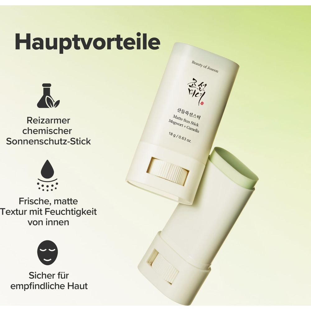 Zwei Sonnenschutz-Sticks von Beauty of Joseon mit Text auf Deutsch und Englisch.