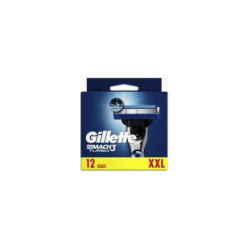 Confezione da 12 lamette da barba Gillette Mach3 Turbo con primo piano di un rasoio.