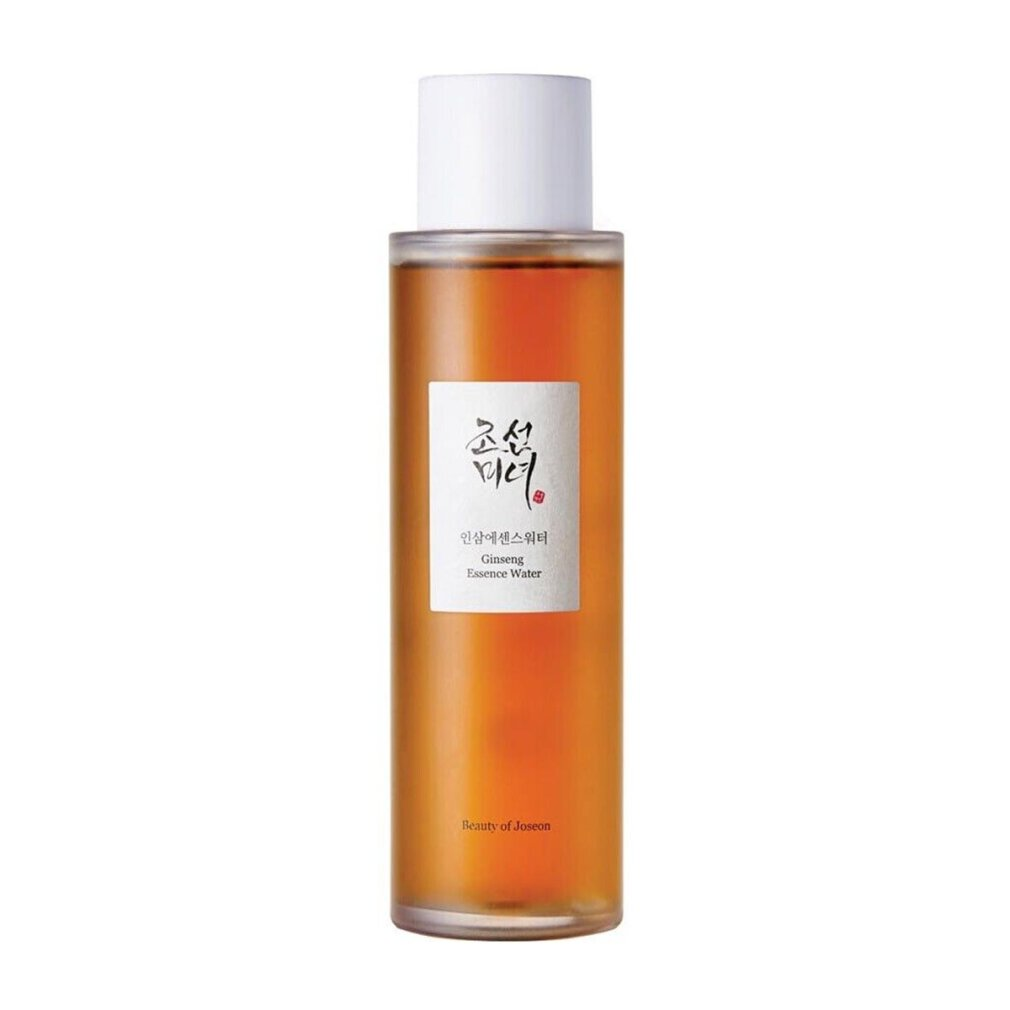 Eine Flasche goldener Ginseng-Essenzwasser mit weißem Etikett und weißem Deckel.