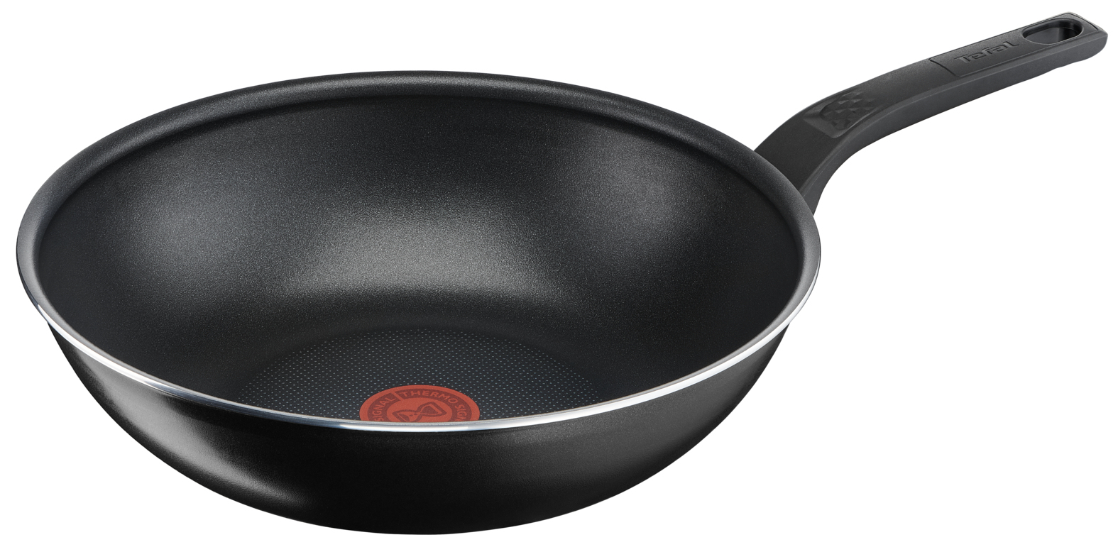 Schwarze Bratpfanne mit silbernem Rand und schwarzem Griff, auf weißem Hintergrund.