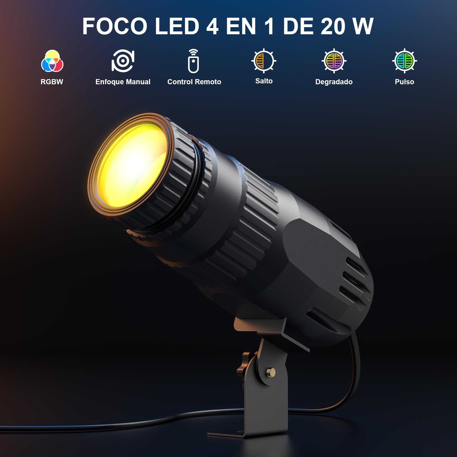 Ein schwarzer LED-Strahler mit gelbem Licht auf dunklem Hintergrund.