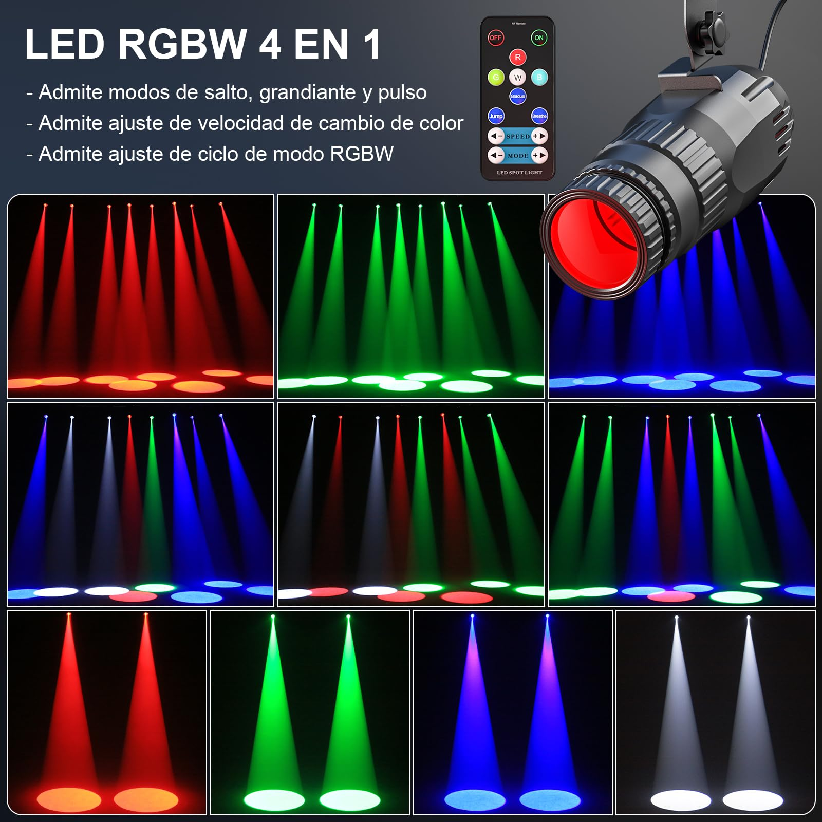 LED-Spotlights in verschiedenen Farben und Mustern mit Fernbedienung.