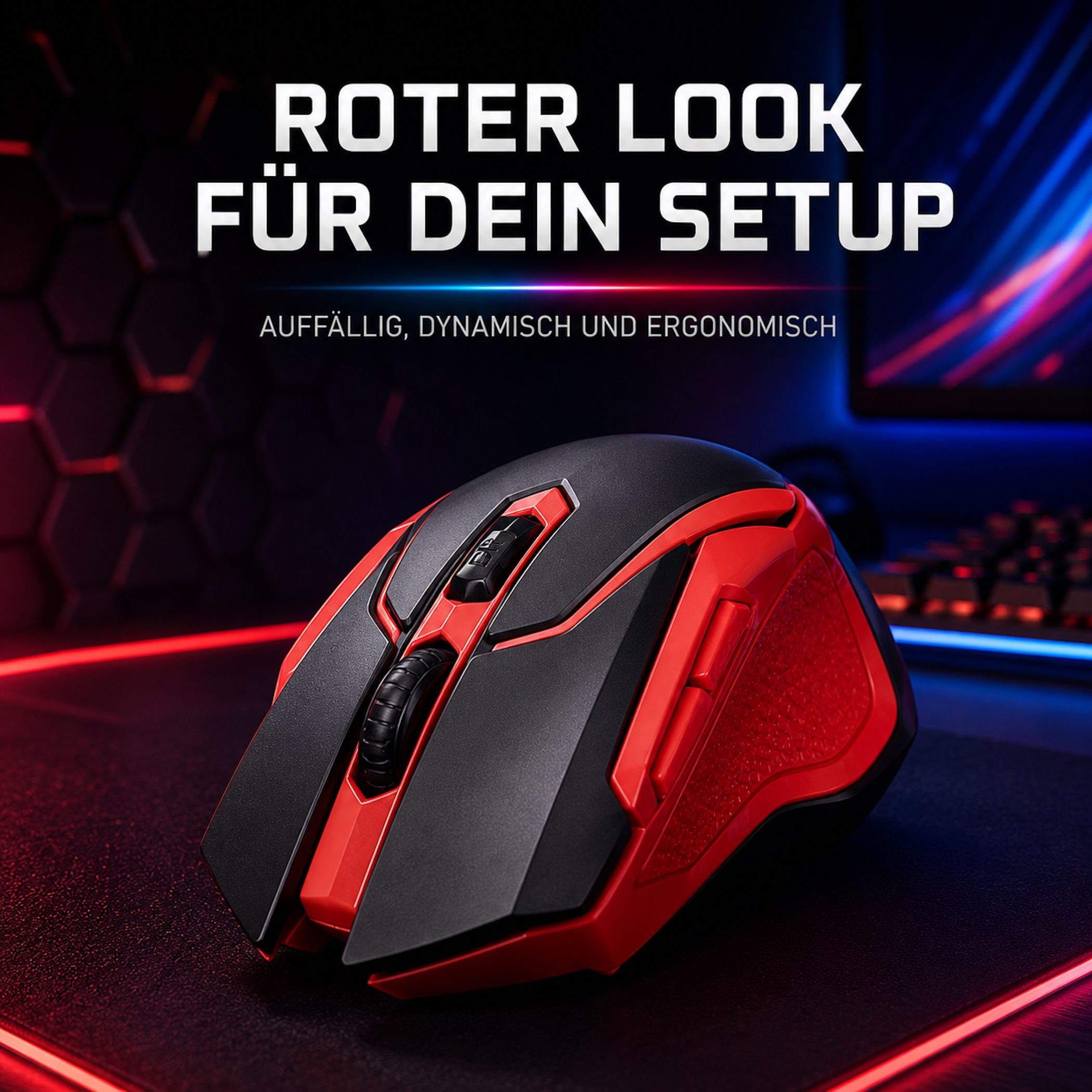 Eine rote und schwarze Gaming-Maus liegt auf einer schwarzen Matte mit roter Beleuchtung.