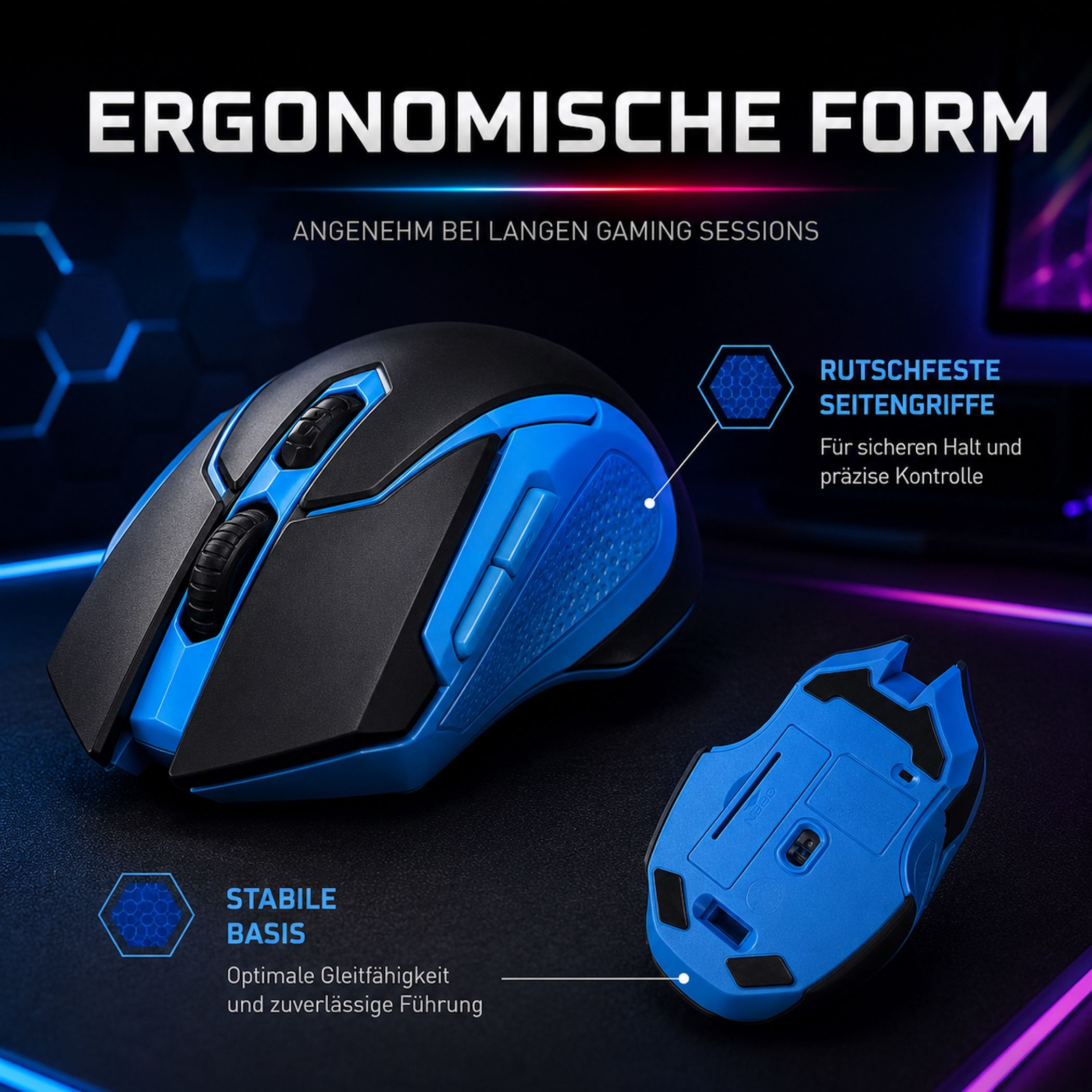 Ergonomische Gaming-Maus in Schwarz und Blau mit beschrifteten Merkmalen.