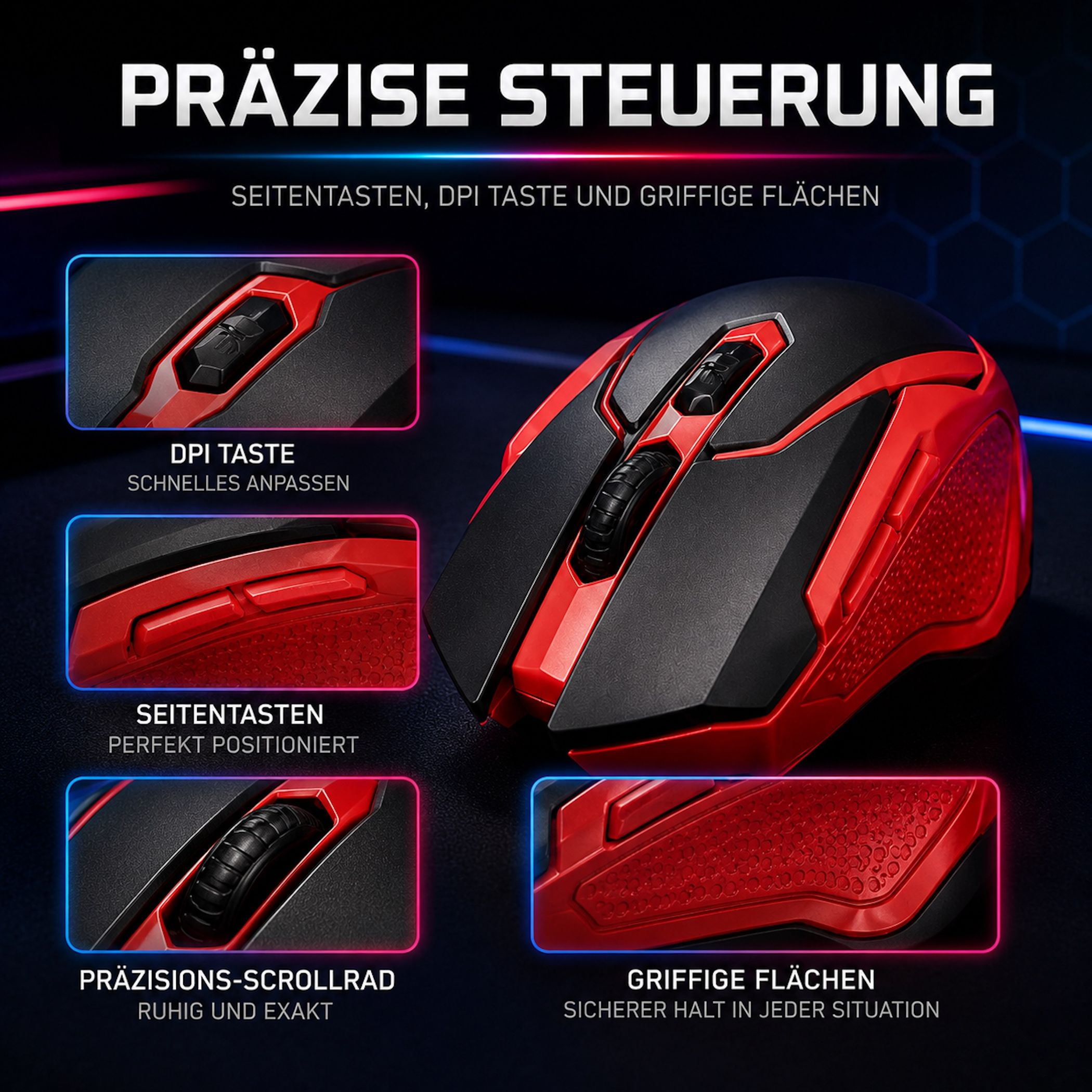 Rote und schwarze Gaming-Maus mit detaillierten Ansichten von Tasten, Scrollrad und Griffen.
