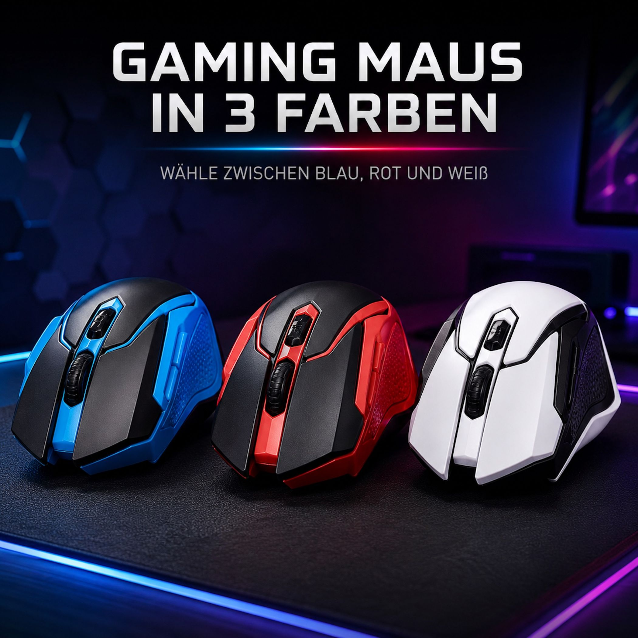 Drei Gaming-Mäuse in Blau, Rot und Weiß stehen nebeneinander.