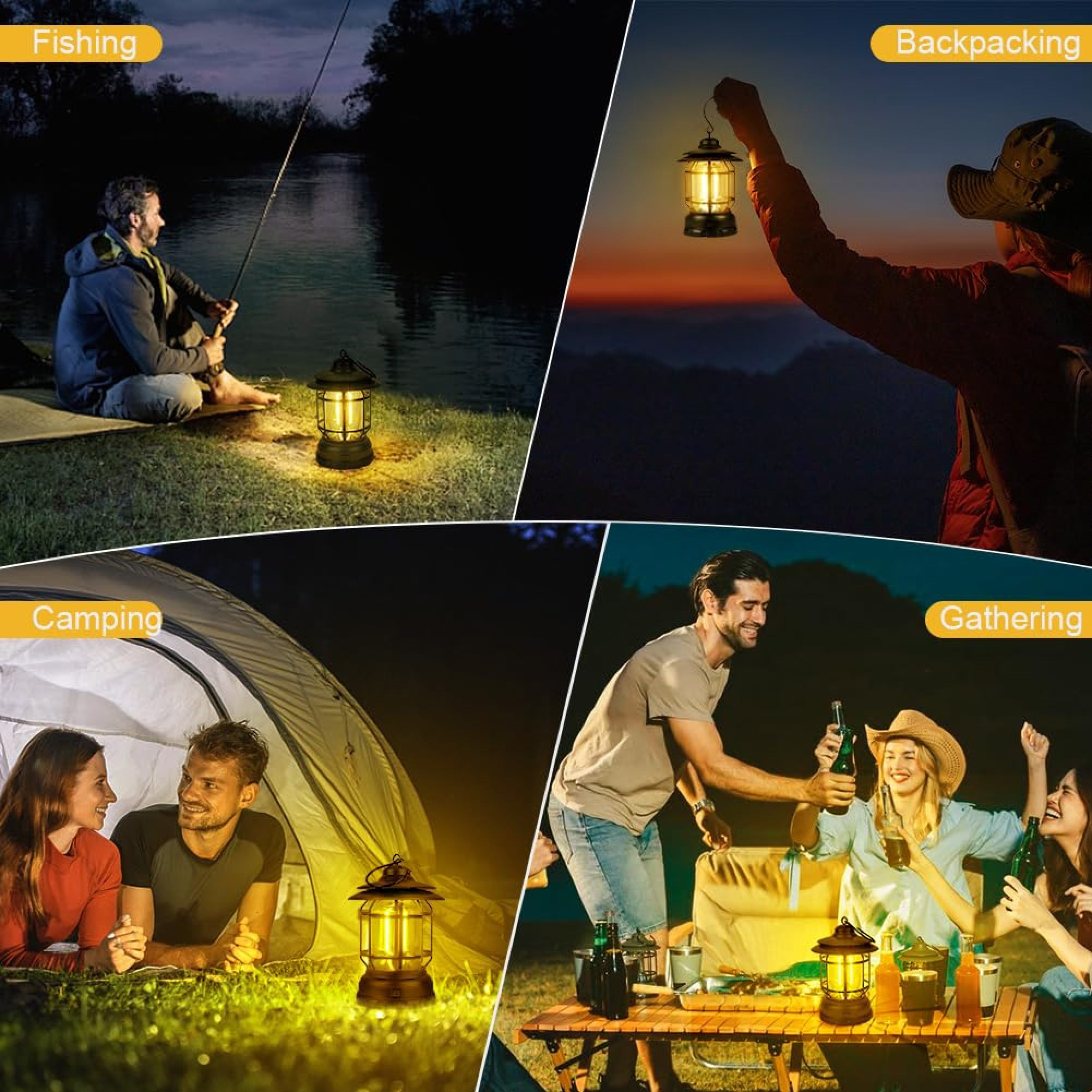 Vier Szenen: Angeln, Rucksacktour, Camping, Treffen bei Nacht mit Laternen.