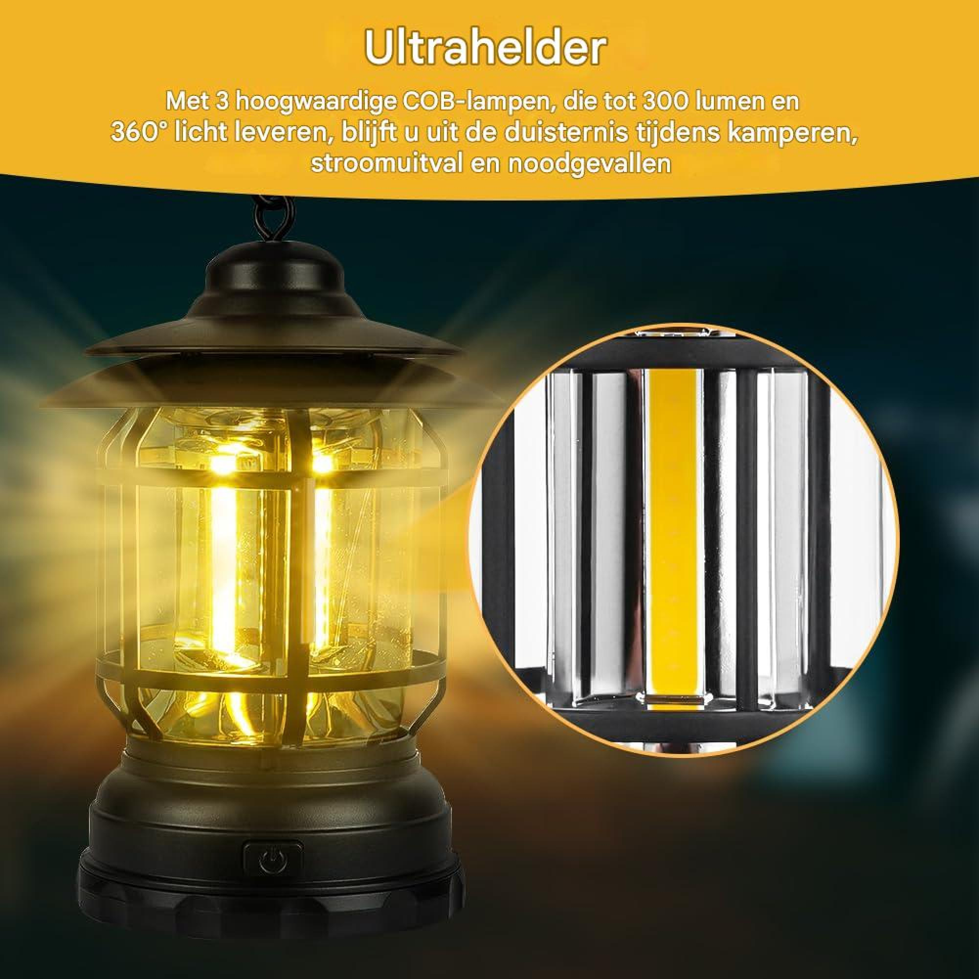 Eine leuchtende Laterne mit drei COB-Lampen, die helles Licht spendet.
