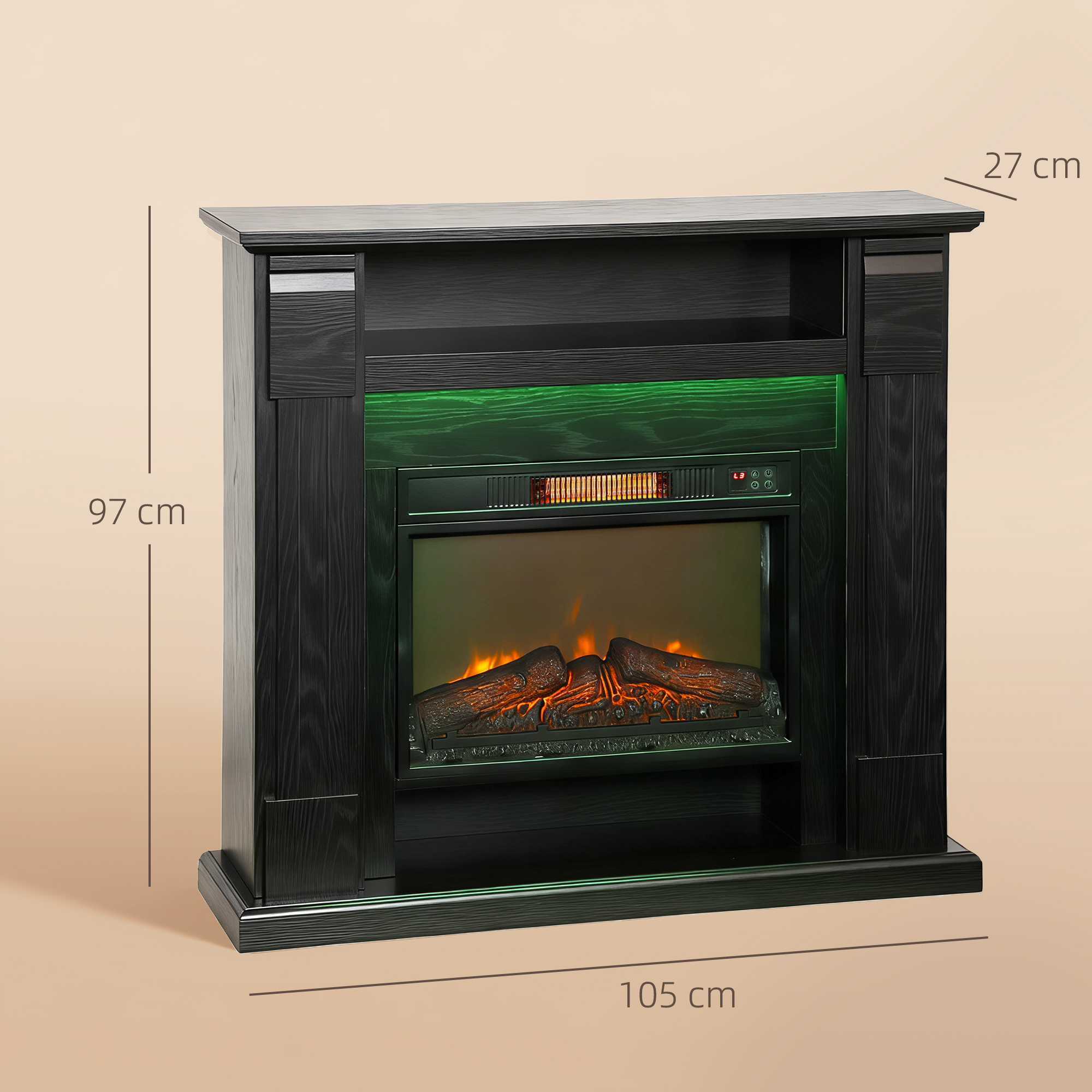 Un camino elettrico nero con ceppi incandescenti e illuminazione LED verde. Dimensioni mostrate.