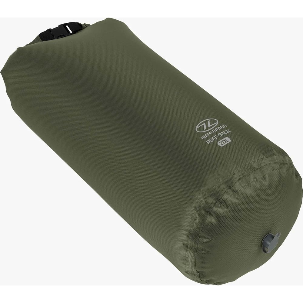 Eine dunkelgrüne, zylindrische Tasche mit einem schwarzen Verschluss und einem grauen Ventil.