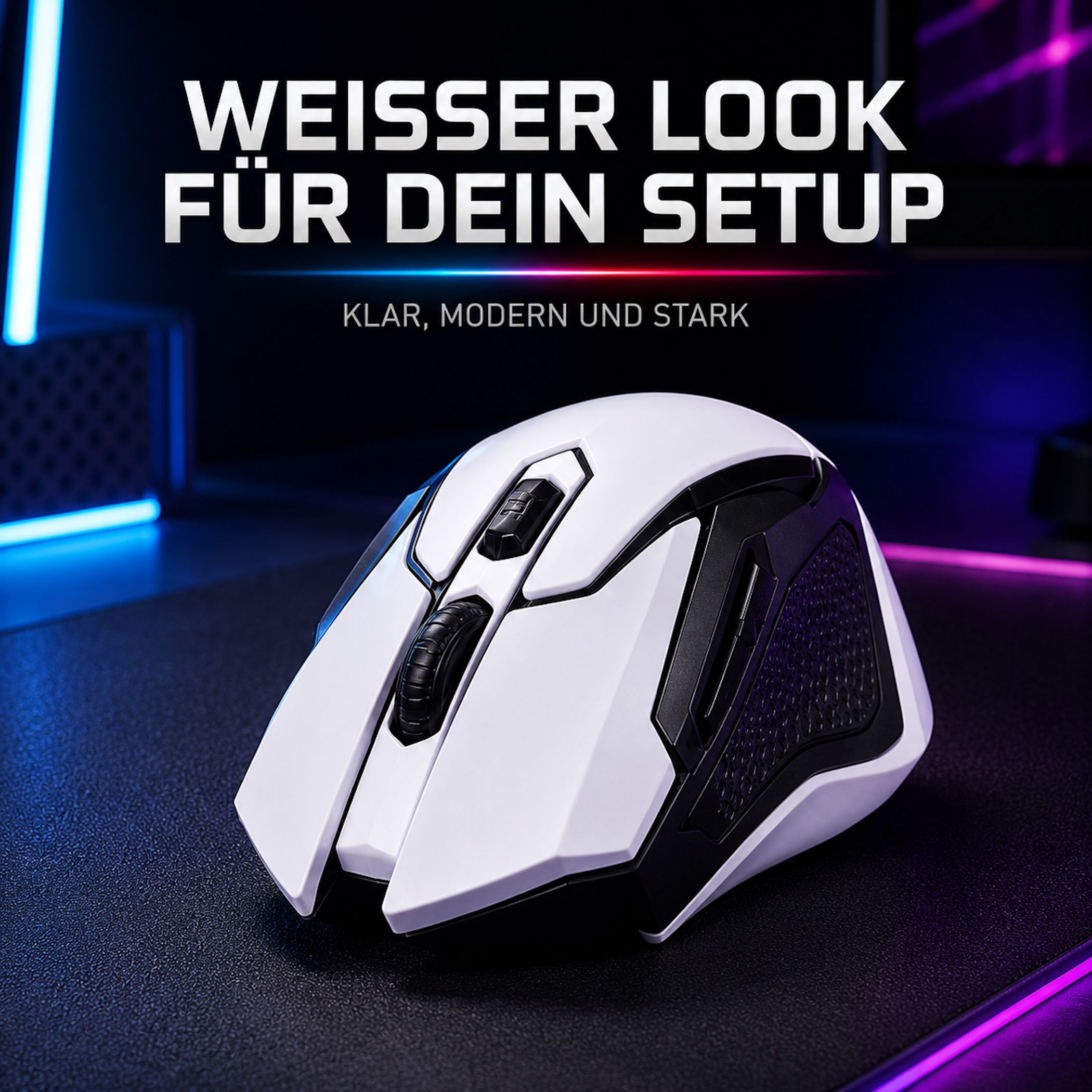 Eine weiße Gaming-Maus mit schwarzen Akzenten auf einer schwarzen Matte.