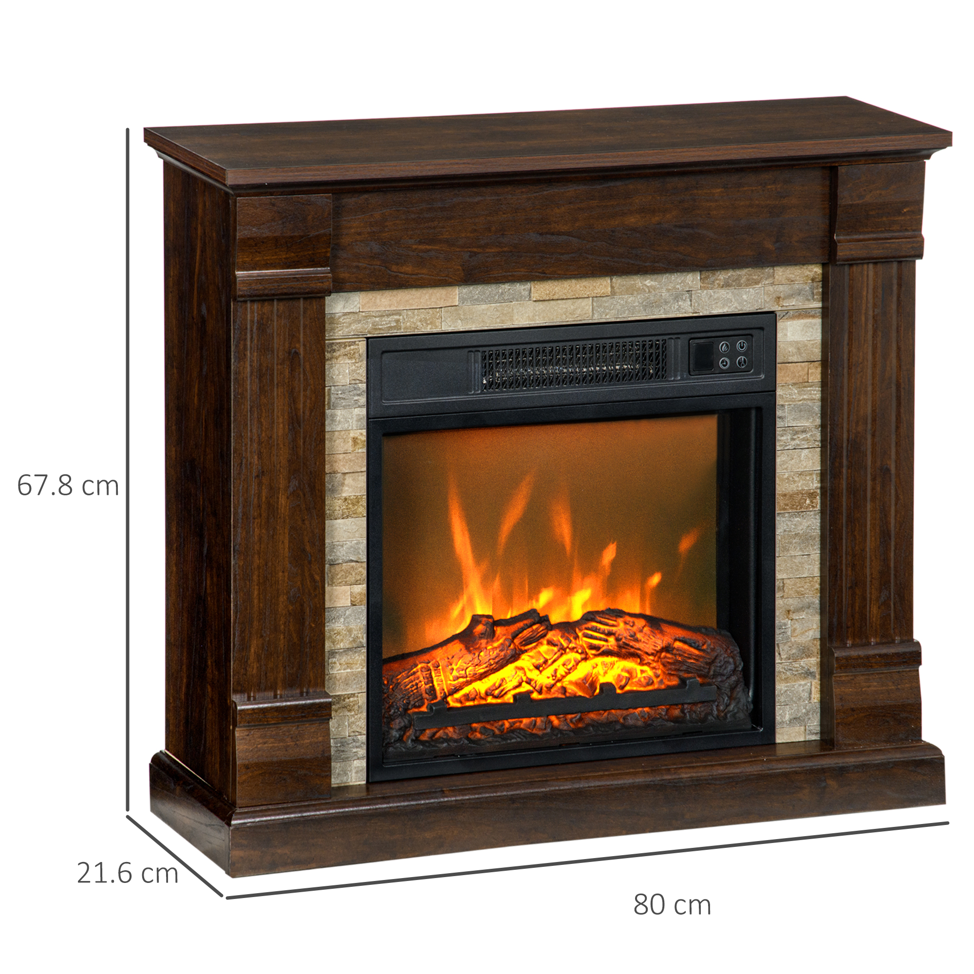 Un camino elettrico in legno scuro con finiture in pietra ed effetto fiamma realistico.