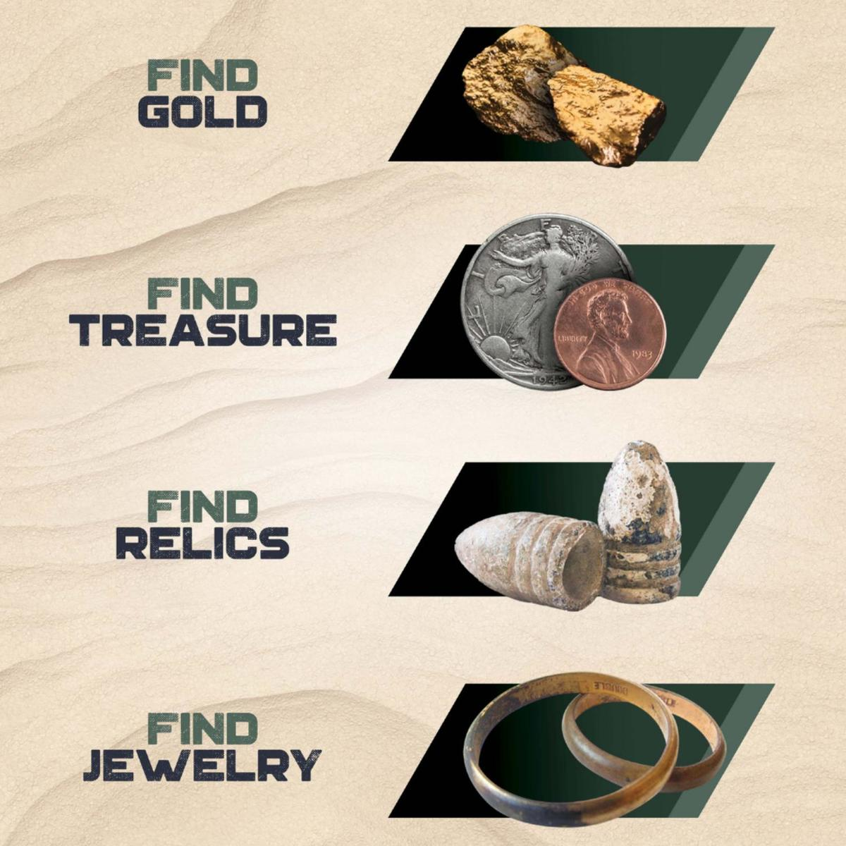 Goldnuggets, Münzen, Patronenhülsen und Schmuck werden auf einer sandigen Oberfläche gezeigt.