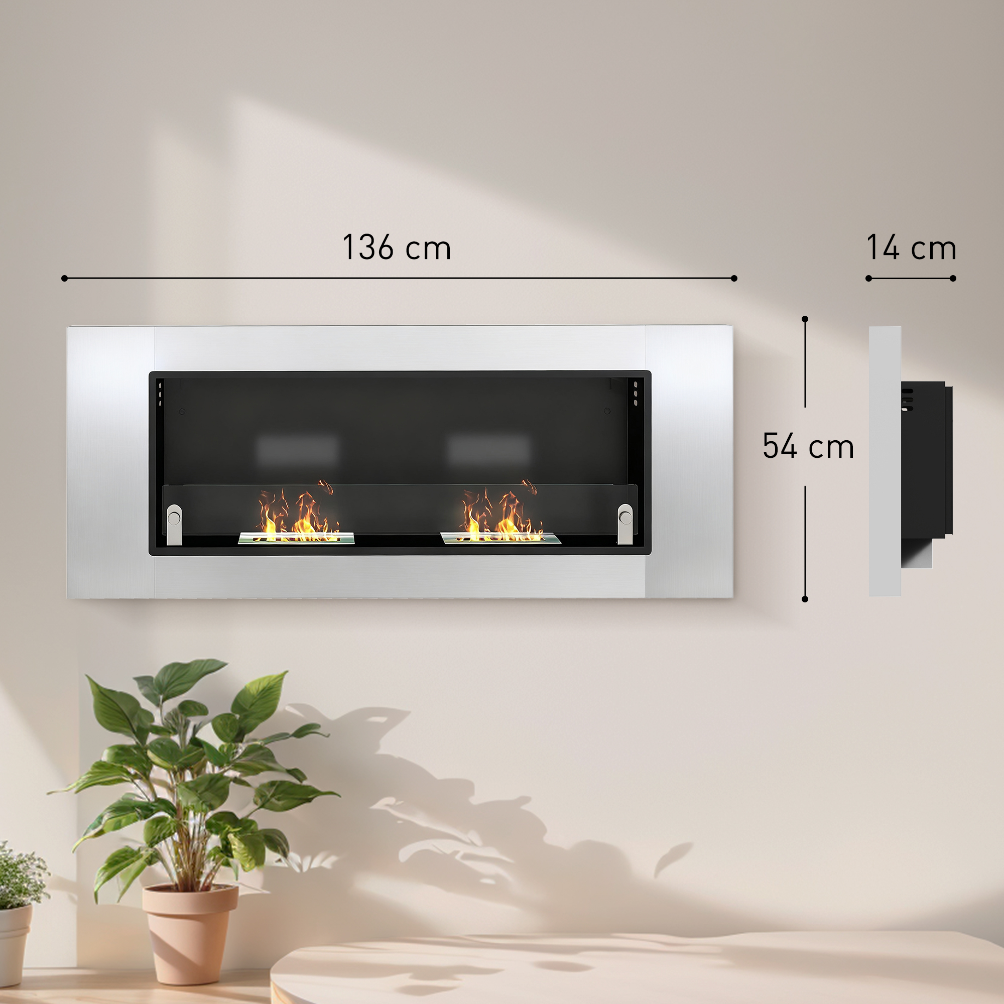 Moderno camino a muro con fiamme e dimensioni 136x54x14 cm.