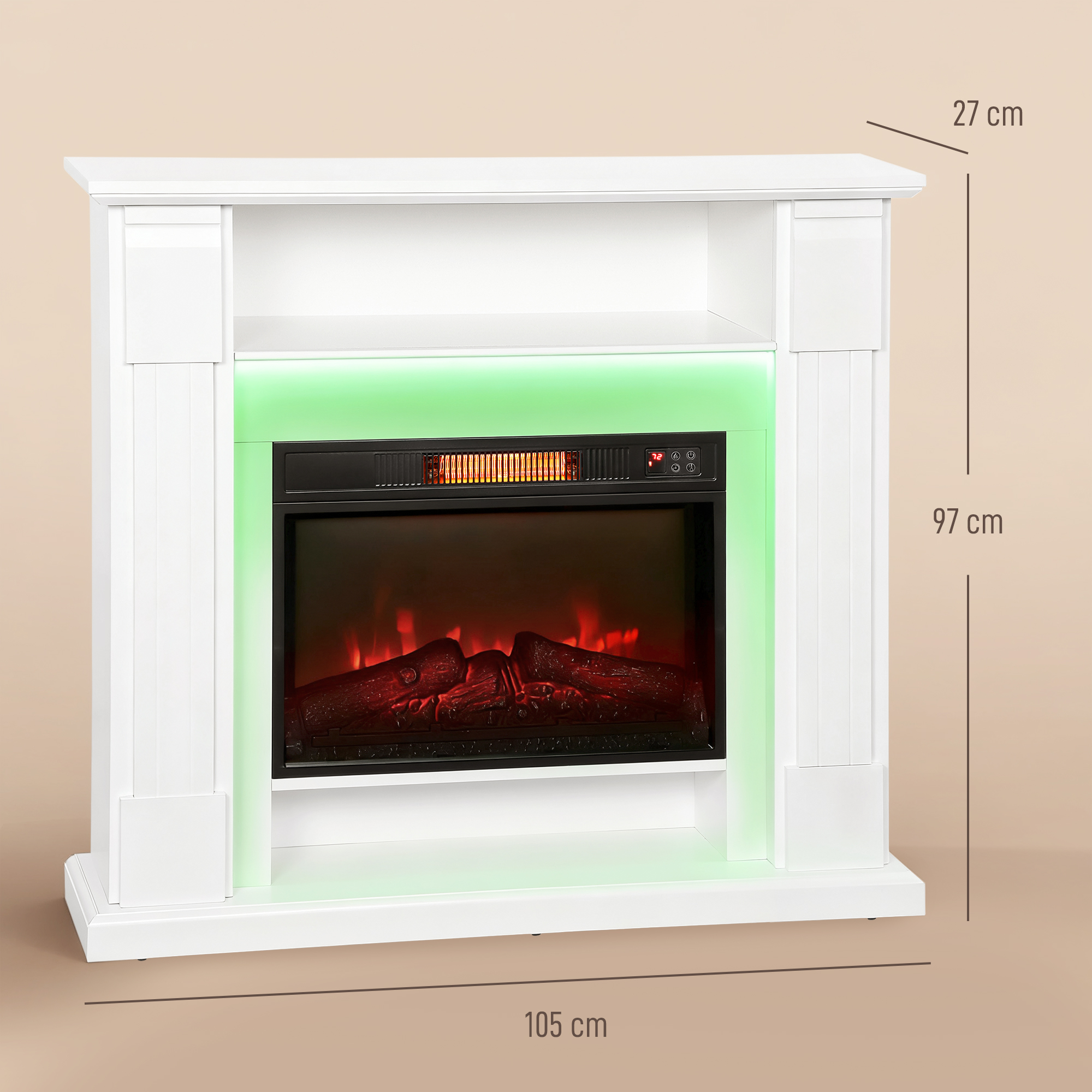 Un caminetto bianco con effetto fiamma e illuminazione verde. Dimensioni: 105x27x97 cm.