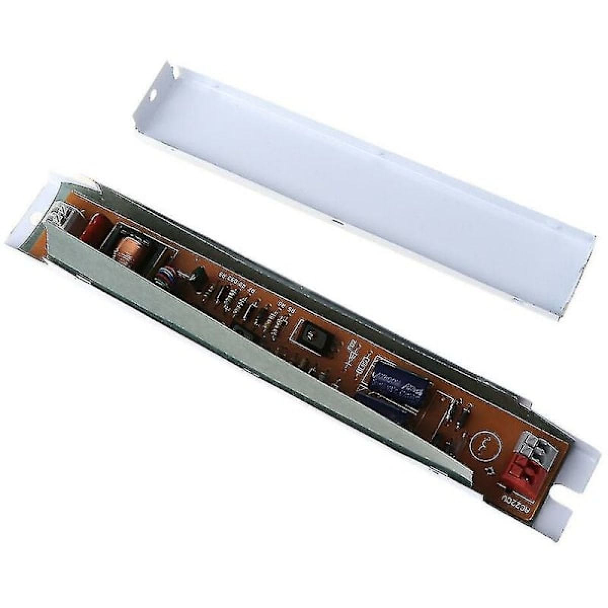 Elektronisches Vorschaltgerät mit Leiterplatte und Komponenten in weißem Metallgehäuse.