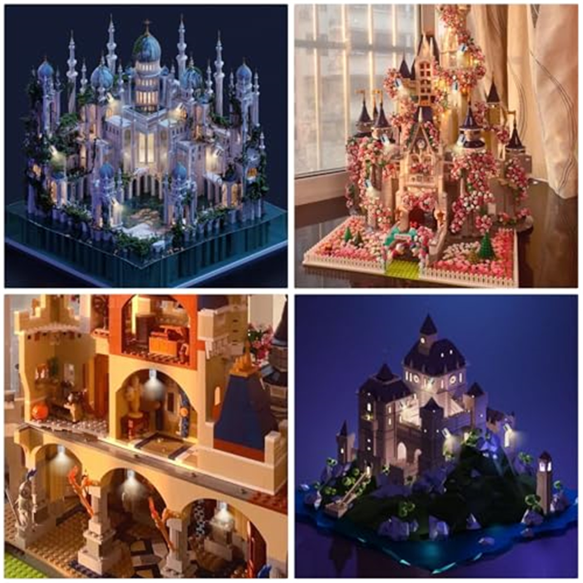 Ein detailliertes Lego-Schloss mit blauen Kuppeln und Lichtern.