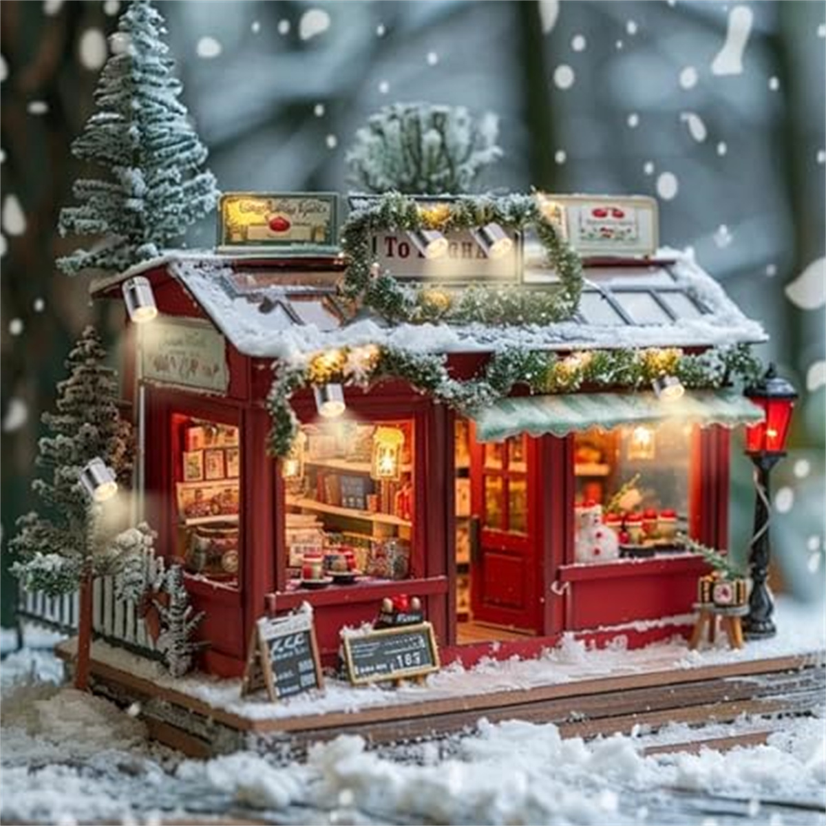 Ein winziger roter Spielzeugladen, bedeckt mit Schnee, mit festlichen Lichtern und Bäumen.