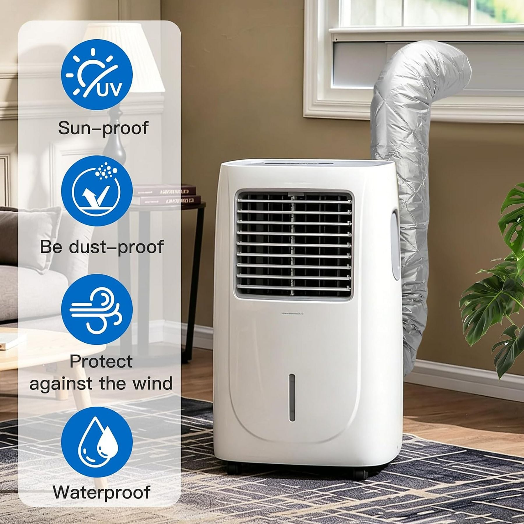 Ein weißer tragbarer Klimaanlagen-Luftkühler mit Abluftschlauch am Fenster.