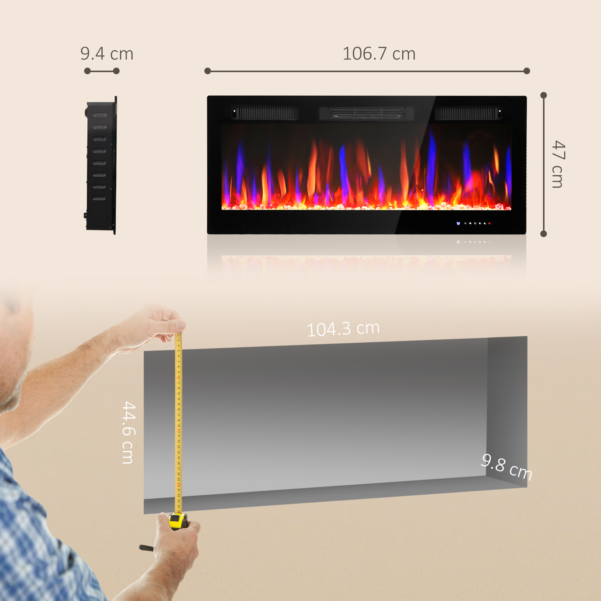 Dimensioni di un caminetto elettrico: 106,7 cm L, 47 cm A, 9,4 cm P. Un uomo misura uno spazio.