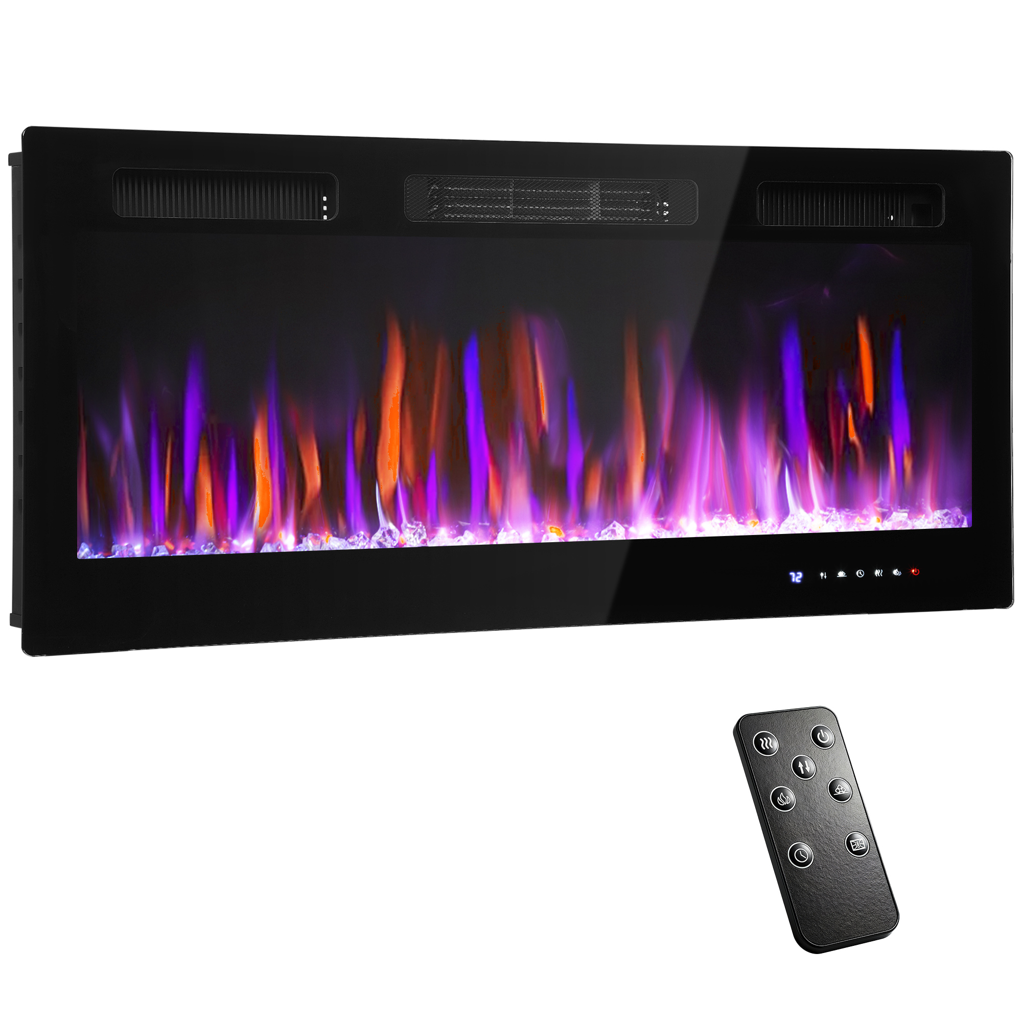 Un moderno camino elettrico nero con realistiche fiamme arancioni e viola.
