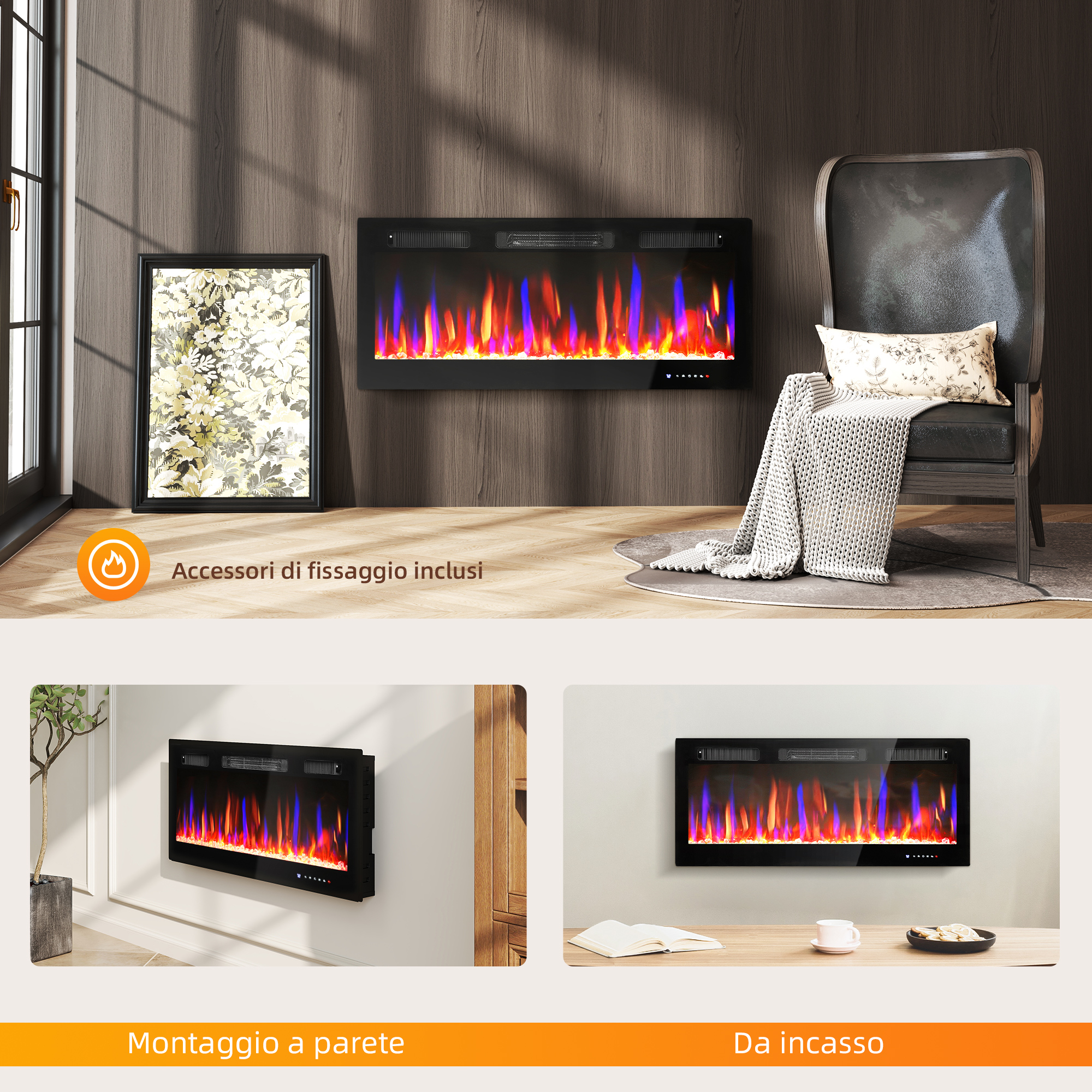 Camino elettrico con fiamme realistiche su parete in legno, vicino a poltrona.