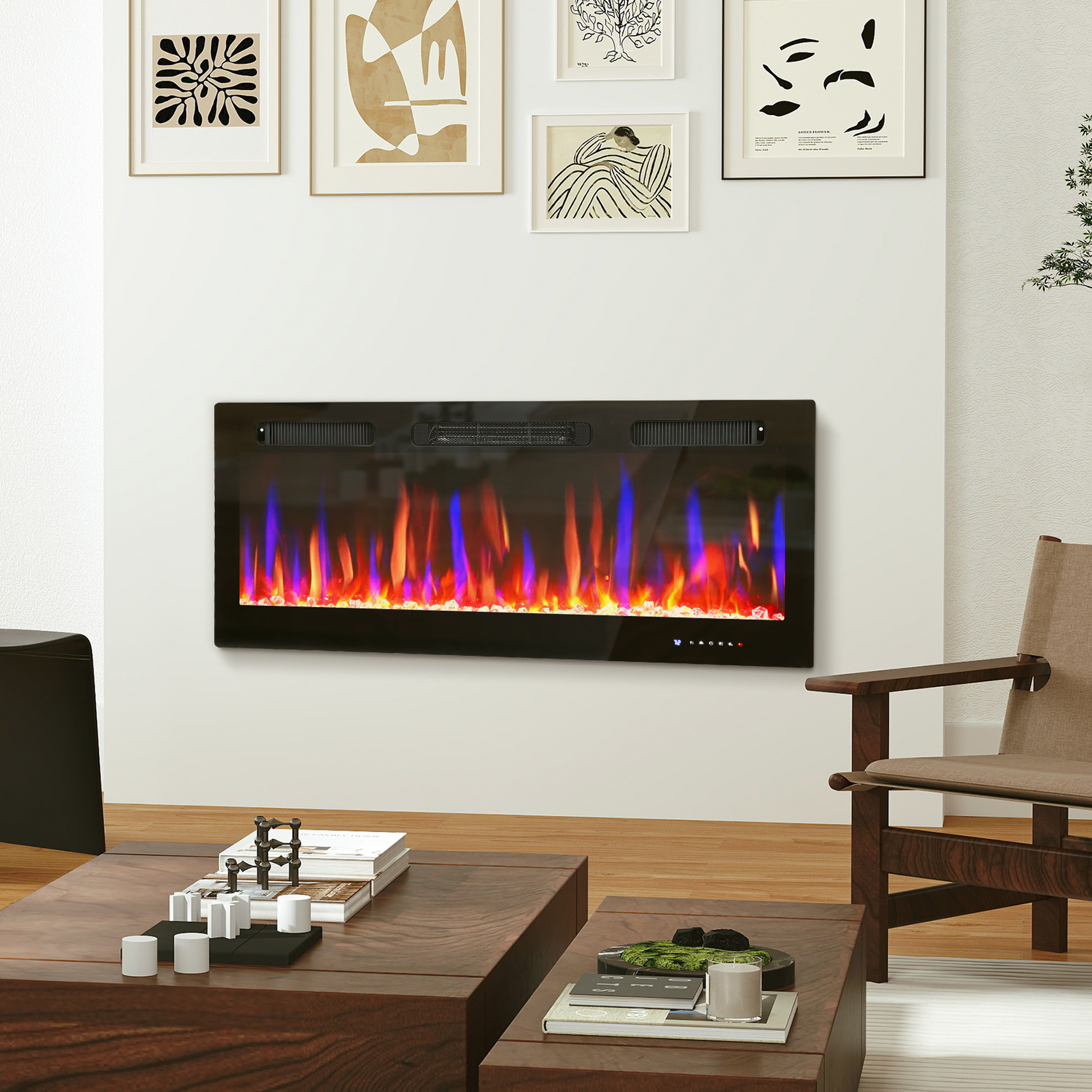 Soggiorno moderno con camino elettrico, arte astratta e mobili in legno.